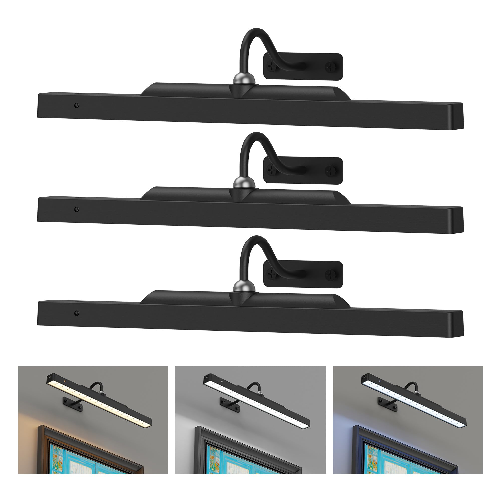Craftersmark Picture Light, 16in Battery Operated, Dimmable, 3 Pack, Metal, Black
