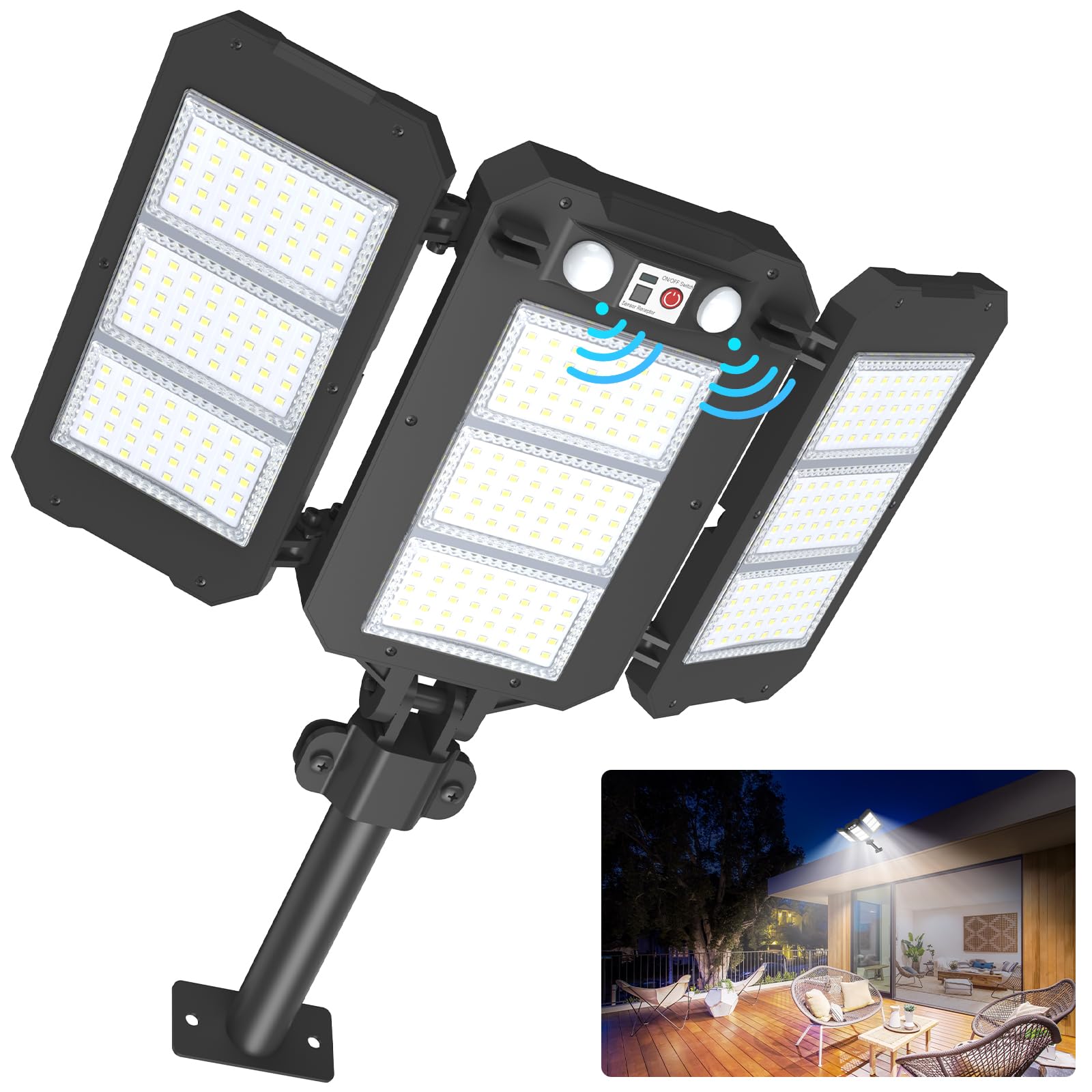 Solar Flood Lights Outdoor  7000 LM Super Bright Aluminum Arm Solar Lights  3 Heads Dusk to Dawn LED Dual Motion Sensor Lights  IP65 Waterproof Security Light with 3 Modes for Yard Street Barn