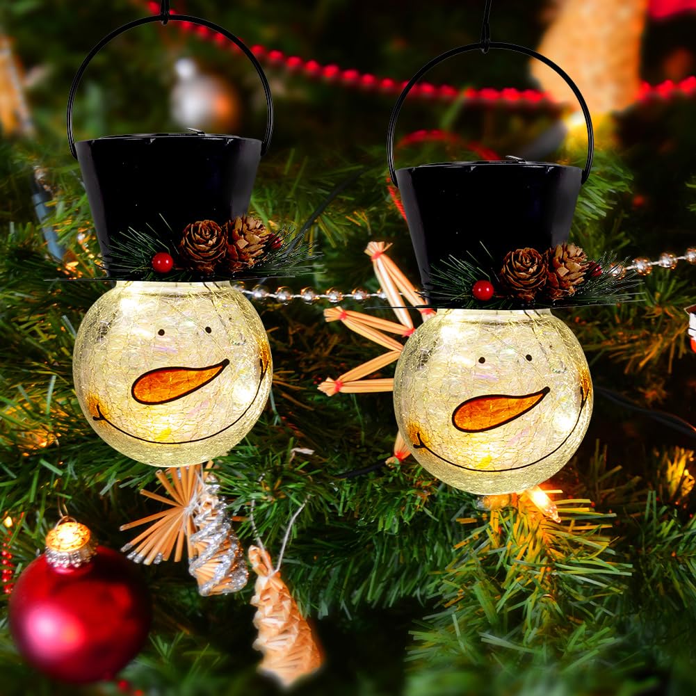 Starsoul Solar Lanterns - 2 Pack Snowman Outdoor Decorations, Waterproof Glass, Pinecone Color for Garden, Patio, Yard, Xmas Holiday Decor