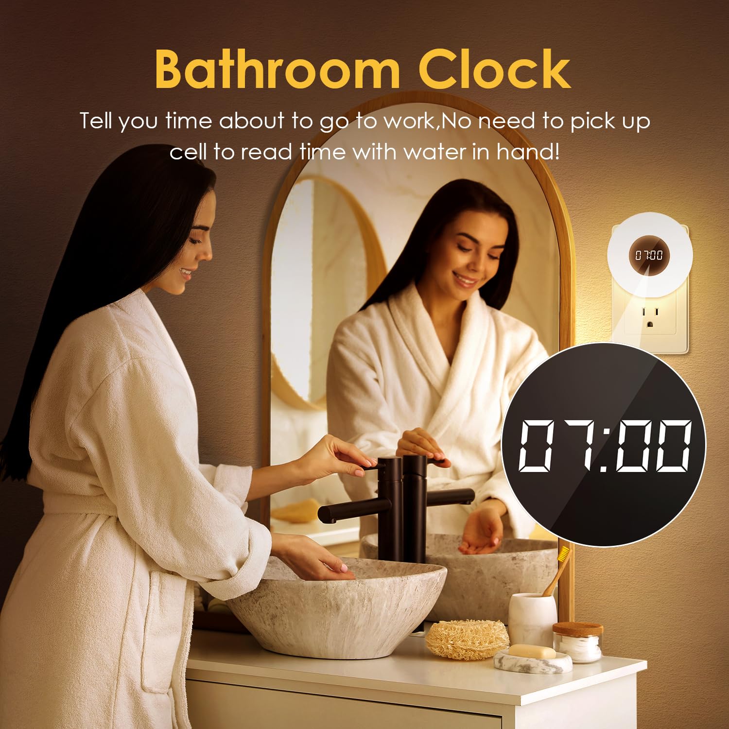 One Fire Kids' Nightlights with Clock & Remote, 3 Color Dimmable, Auto Timer, Plug-in, White, 1 PCS for Bathroom & Toilet