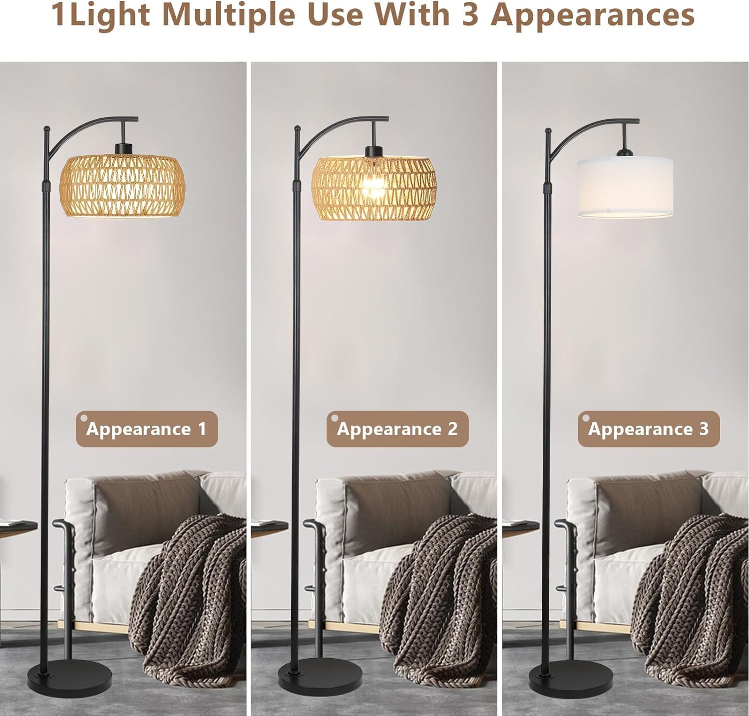 ZECOXOL Arc Floor Lamp - Boho Rattan Design, Dimmable LED, 12" Tall, Black with Remote Control for Living Room and Bedroom