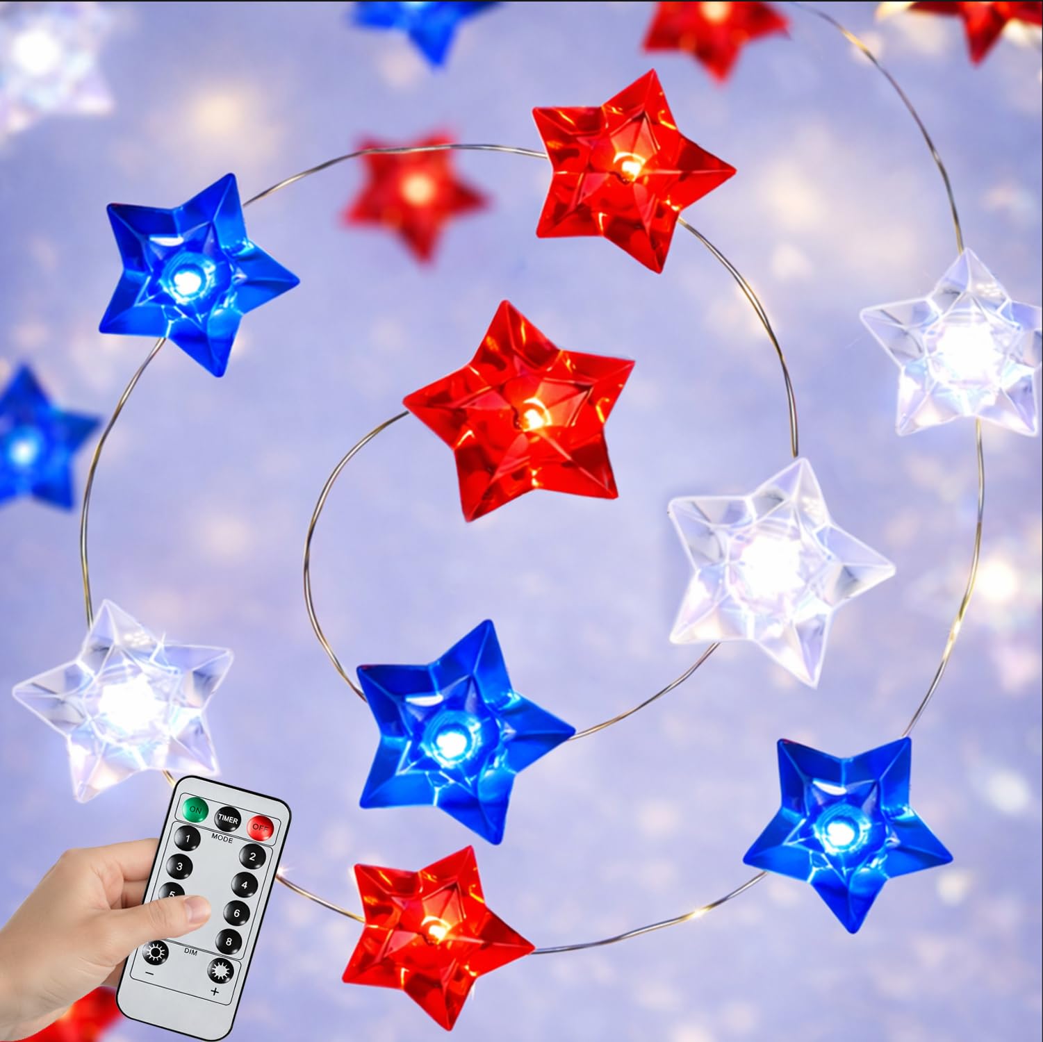 BOHON 4th of July Decorations Battery Operated String Lights with Remote Timer 13 ft 40 LEDs Red White and Blue Lights for Home 