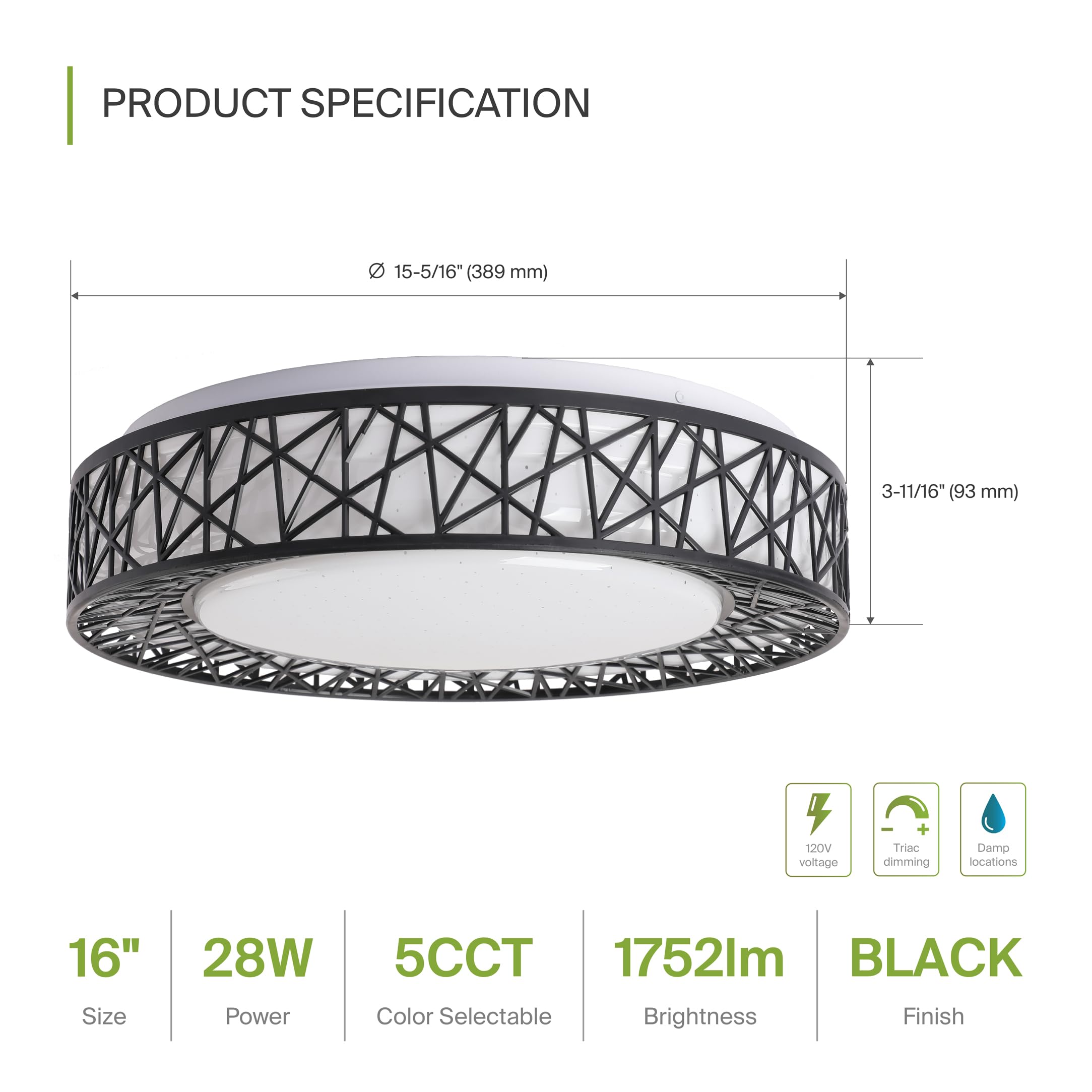 ASD 16 Inch LED Flush Mount Ceiling Light - 28W 1752LM - Dimmable - Matte Black - Model A-LOFT-FM-16D28BK