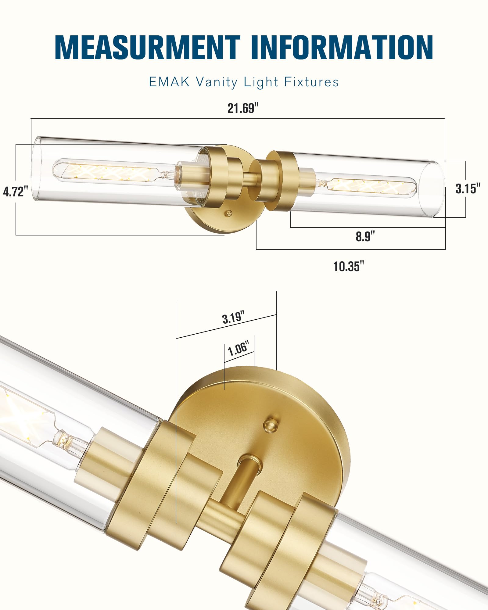 Emak 22 Inch Gold Bathroom Light Fixtures, 2-Light Cylinder Vanity Sconces with Clear Glass, Model VL085-GD-2