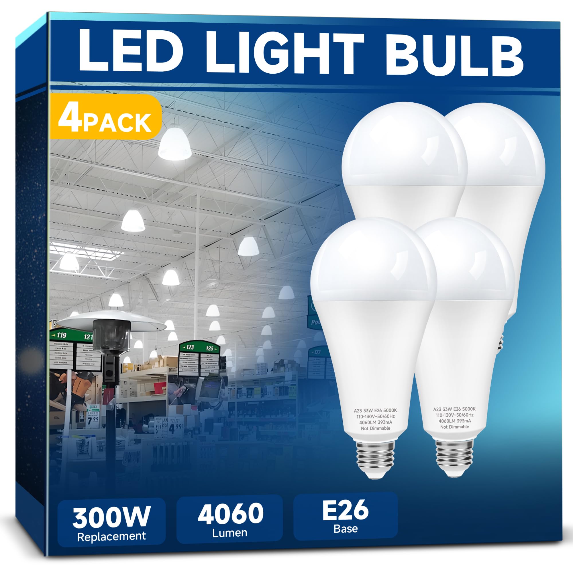 300W Equivalent Led Light Bulb, Super Bright 4060 Lumen 5000K Cool Daylight White A23 E26 Medium Base 33 Watt Led Bulb For Garag