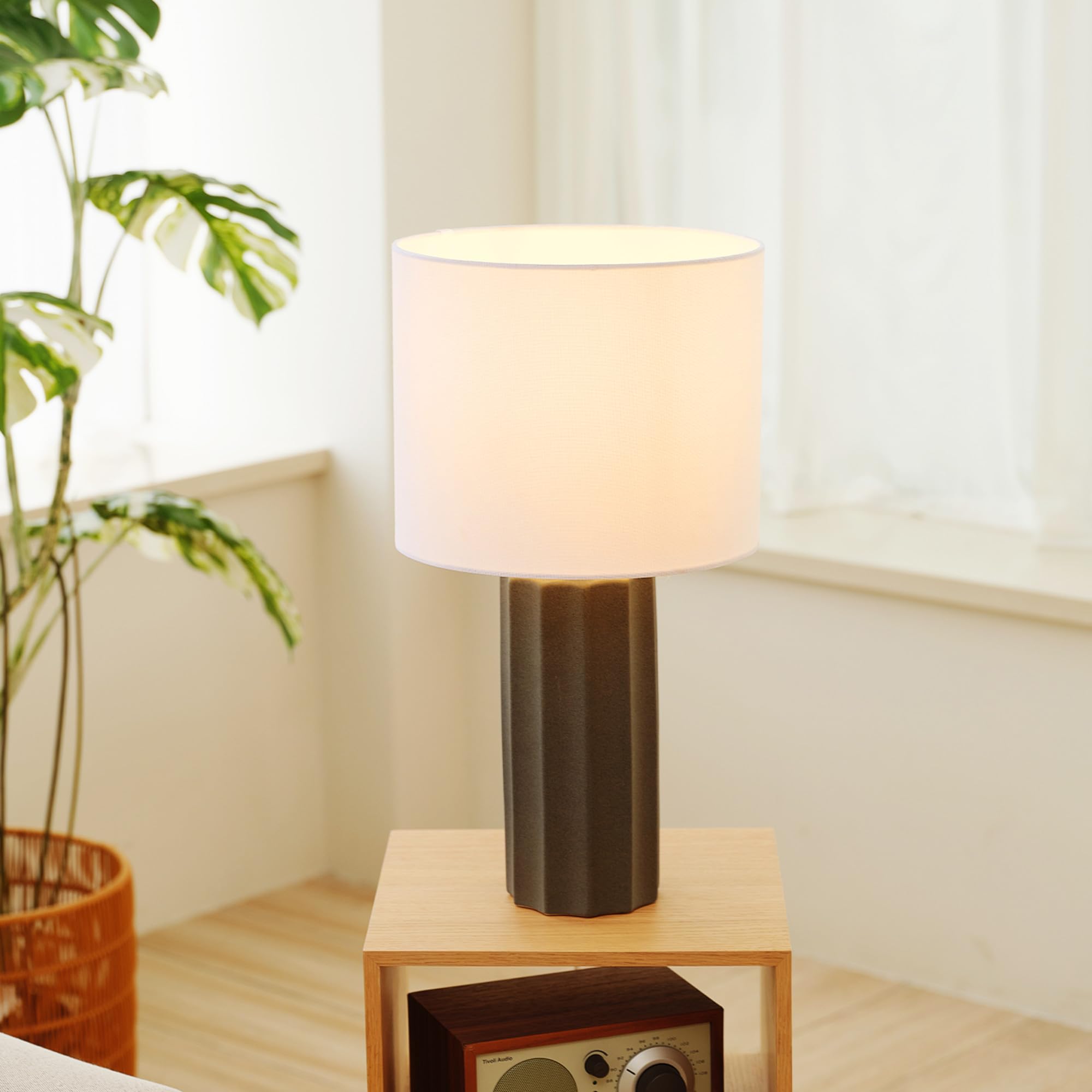 Globe Electric 61000061 20'' Ribbed Ceramic Table Lamp, Dark Gray Concrete Finish, White Linen Shade, On/Off Rotary Switch On So