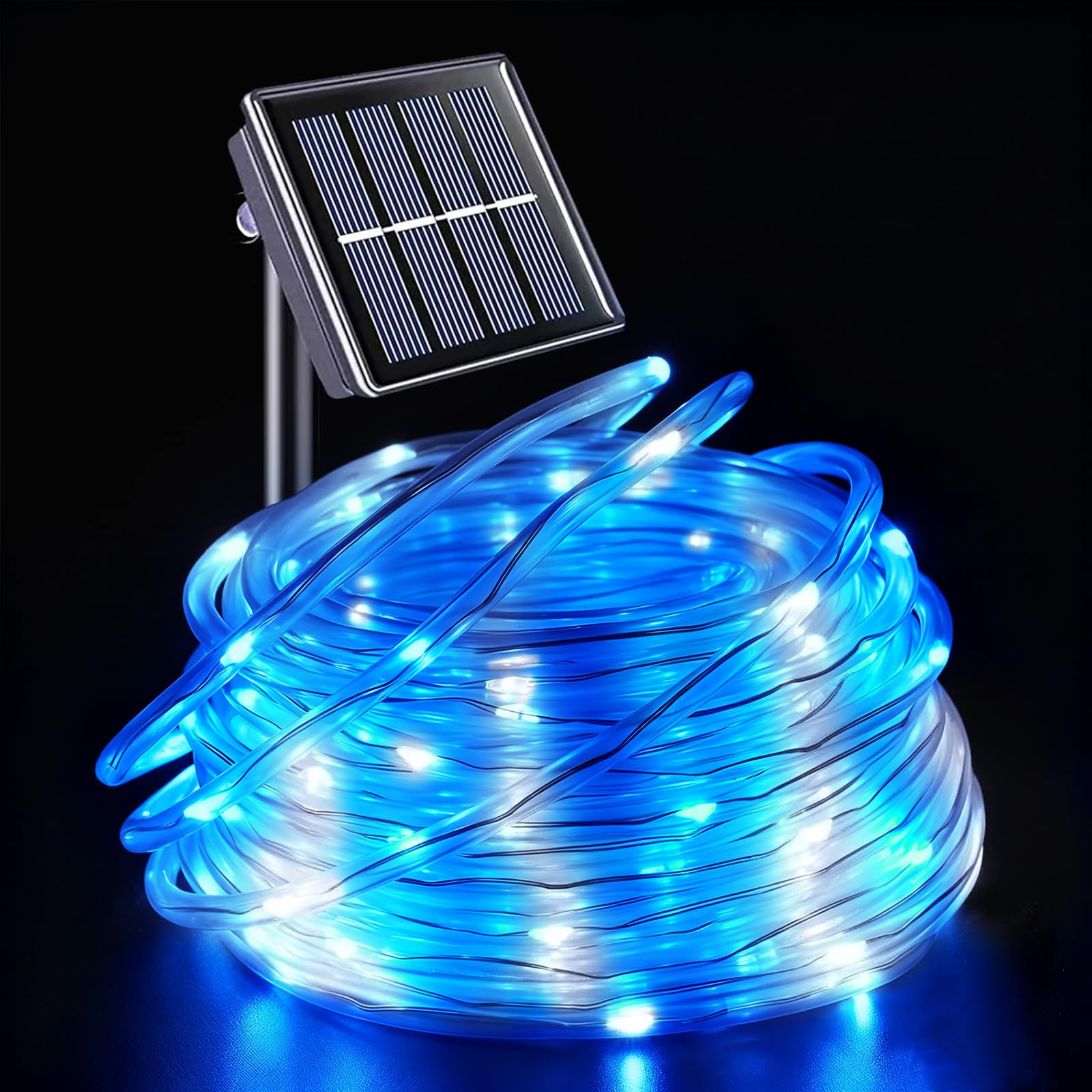 YEGUO Solar Rope Lights 66ft 200 LED Waterproof String Lights, Blue and White, 8 Modes for Outdoor Use