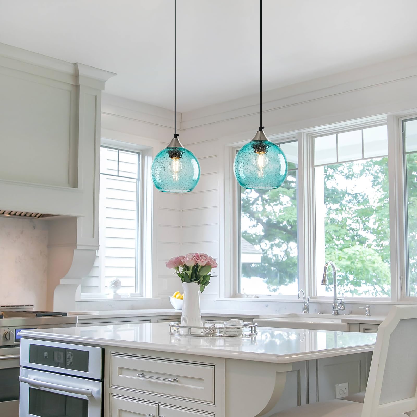 Lbsqj Light Blue Glass Pendant Lights Kitchen Island Globe Pendant Light Fixtures Modern Pendant Lighting For Bedroom Living Dining Room Light Fixture (5.9 In  3 Pack)