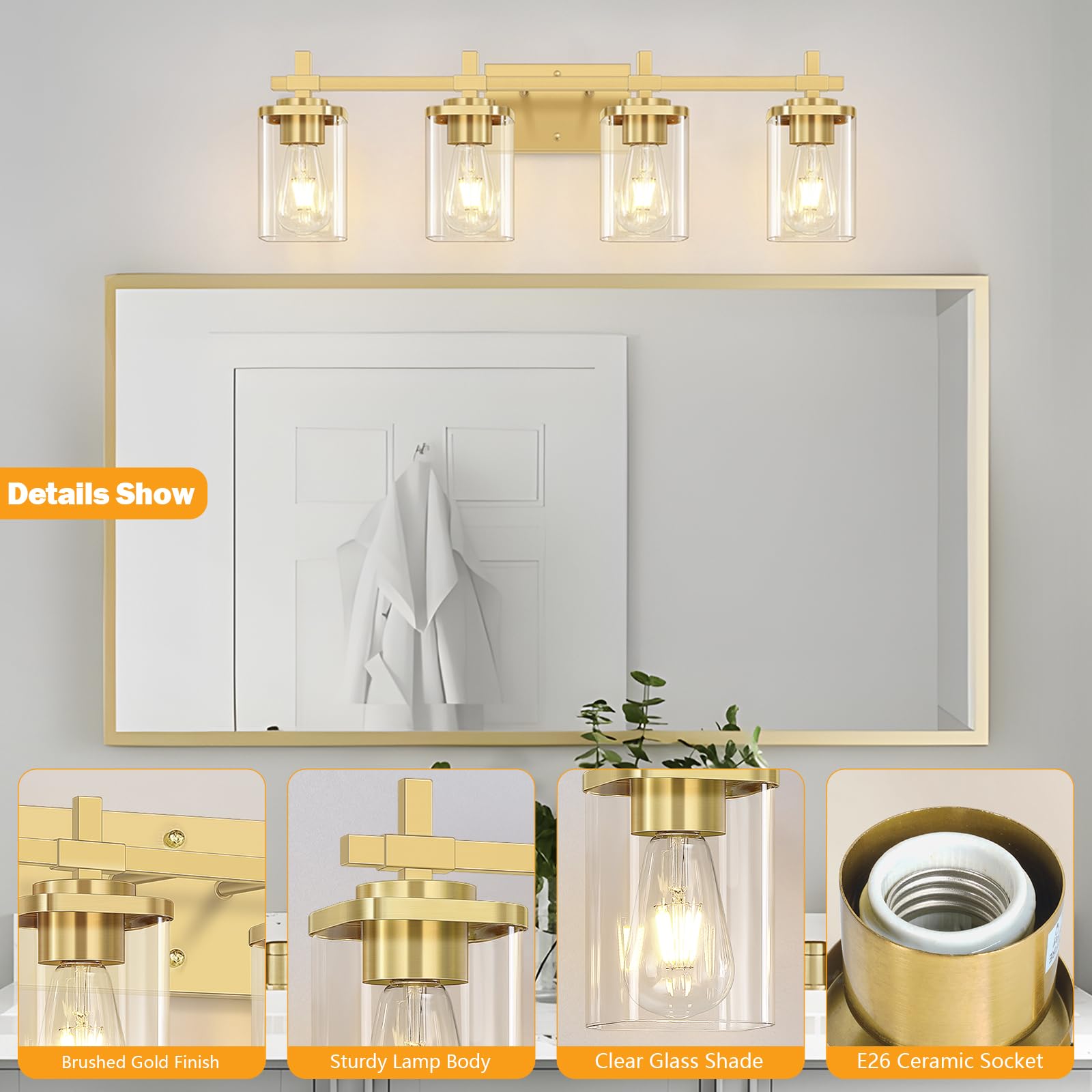 Spiglamm 4-Lights Bathroom Vanity Light, Brushed Gold, Glass Shades, Model BG-Wall-4