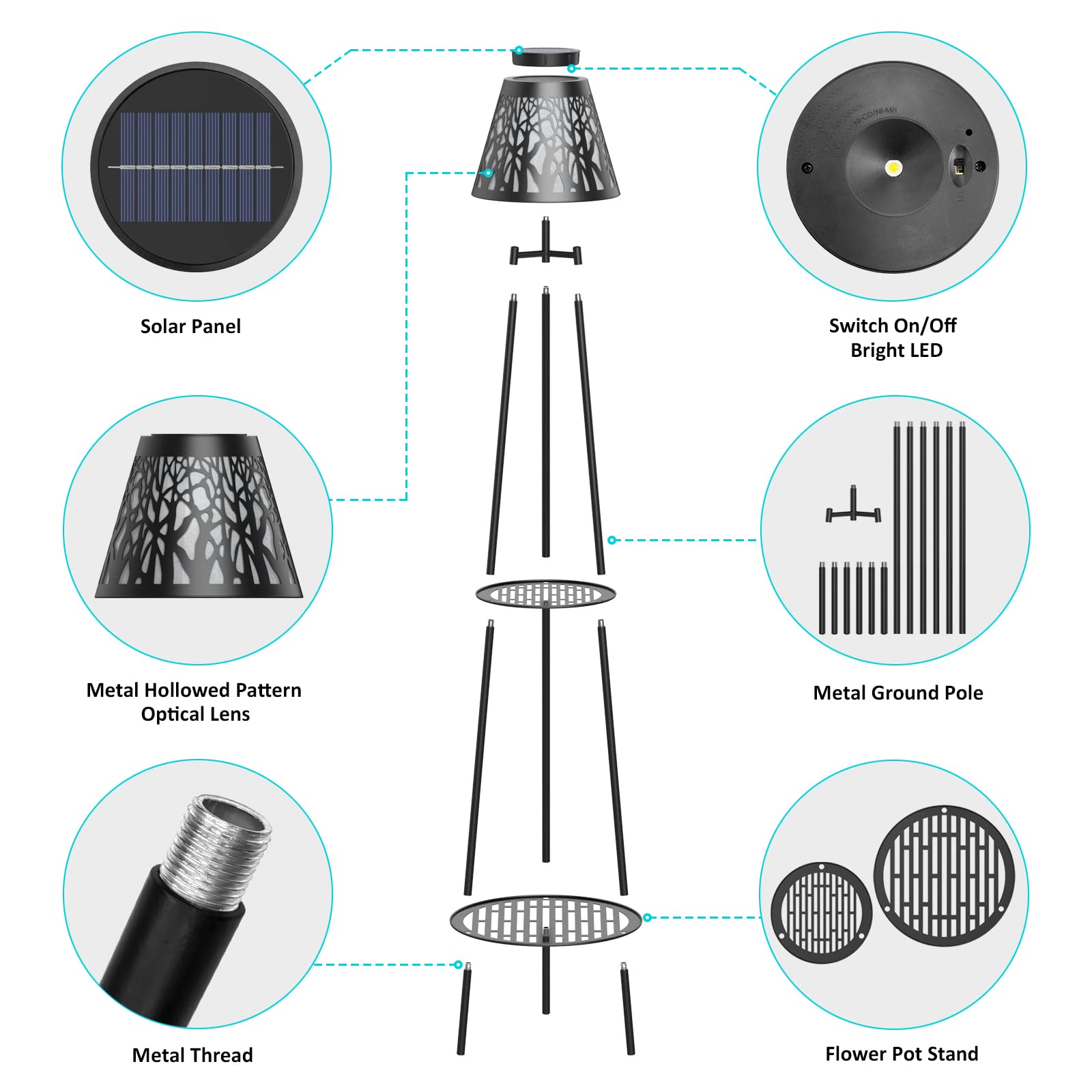2 Pack Metal Solar Floor Lights Outdoor With Plant Stands, 45.5'' Solar Powered Street Lights, For Garden Yard Pathway Driveway