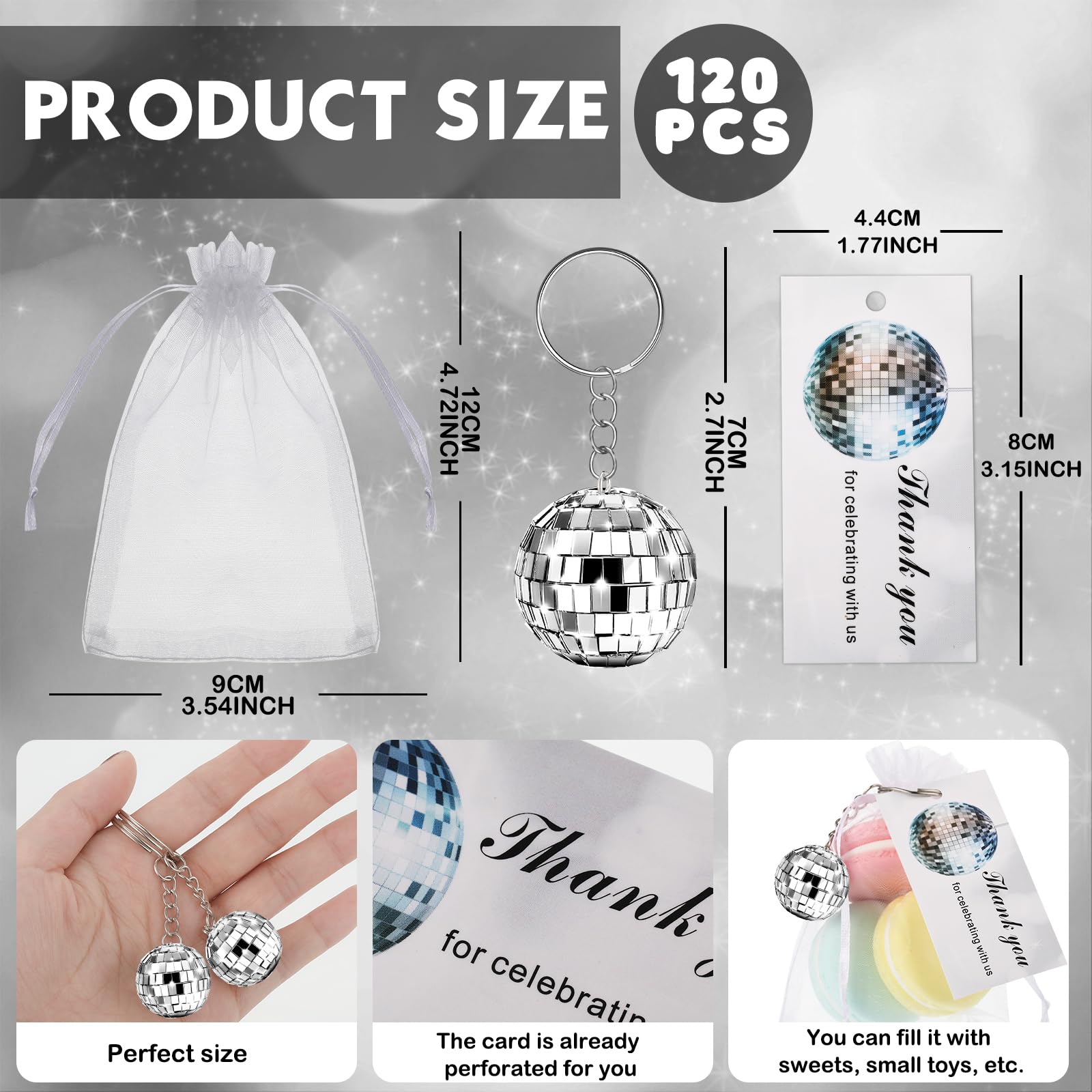 BBTO Mirror Disco Ball Keychain with Drawstring Sheer Organza Bags Thank You Tags 70s Accessories Disco Party Favor Supplies (12