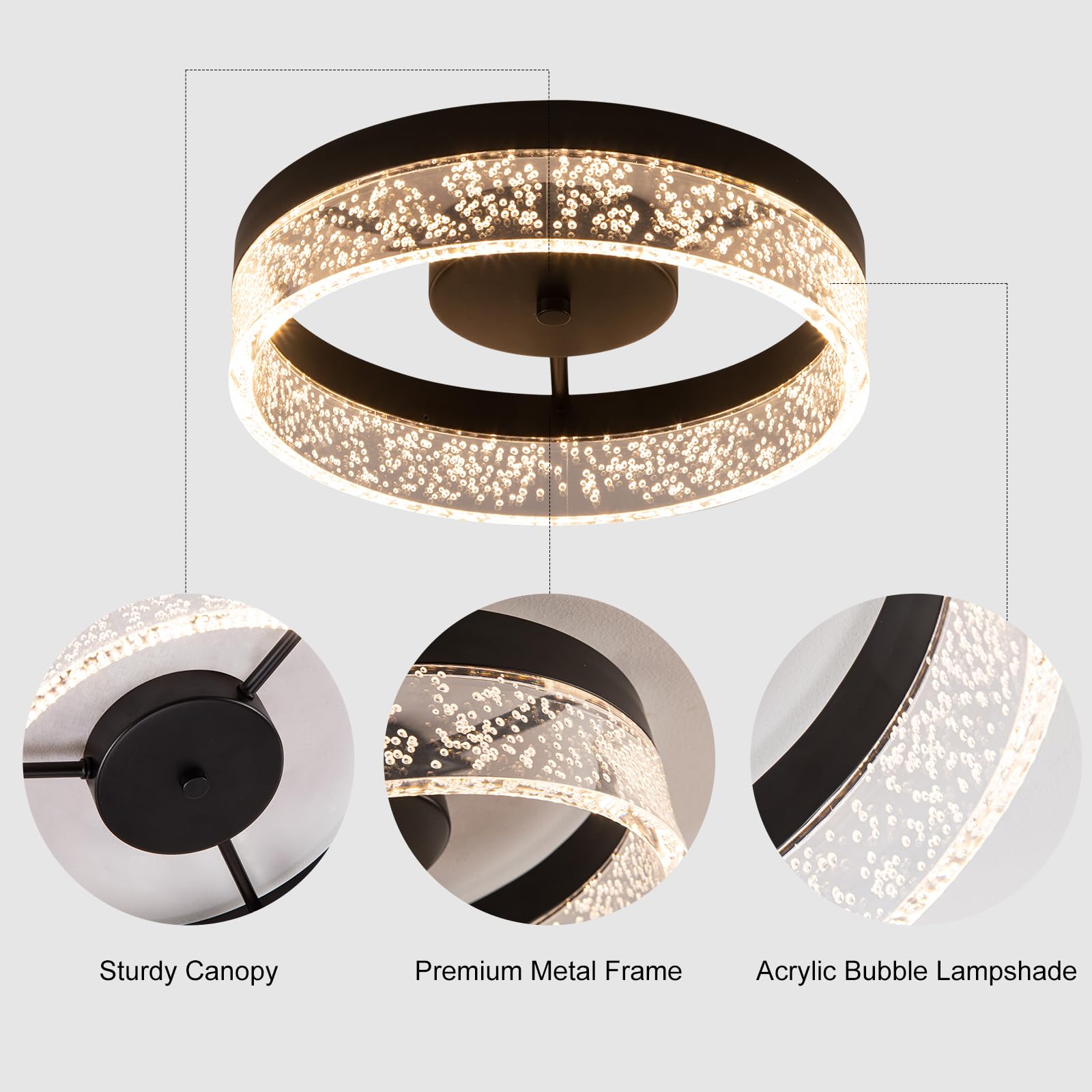 Jaycomey Modern Led Ceiling Light Fixture, 11.65'' Black Flush Mount Kitchen Lighting With Clear Seeded Acrylic Lampshade,Round