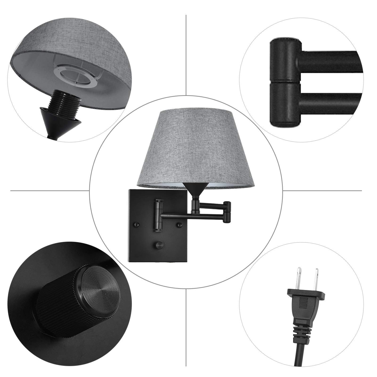 Pauwer Plug In Wall Sconce Set Of 2, Swing Arm Lamp, Gray Fabric Shade, Metal, Ideal For Bedroom, Hallway, Living Room