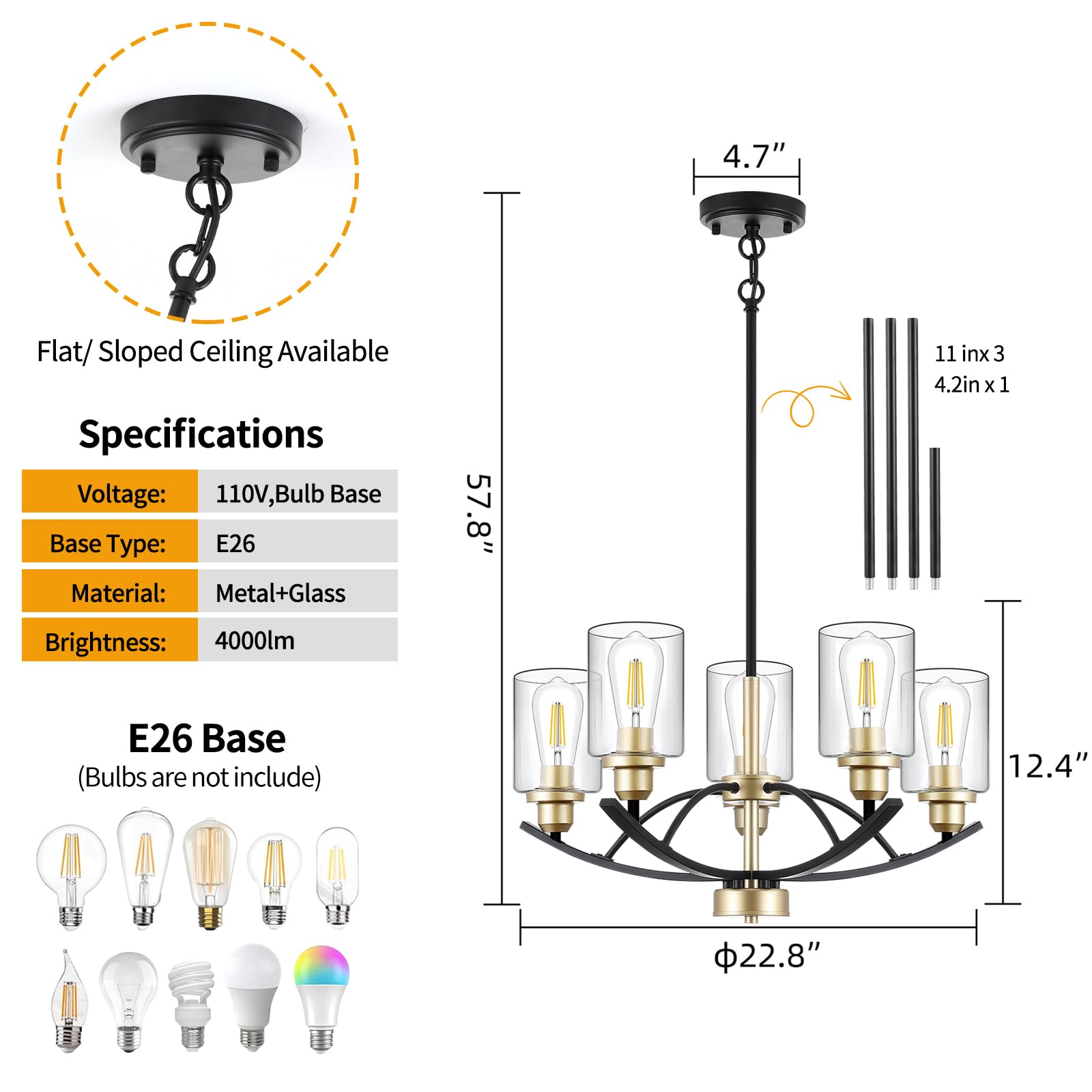 9MMML 5-Light Glass Chandelier, Wrought Iron Pendant Light, 22.8", Black+Gold Finish for Kitchen Island, Dining & Living Room