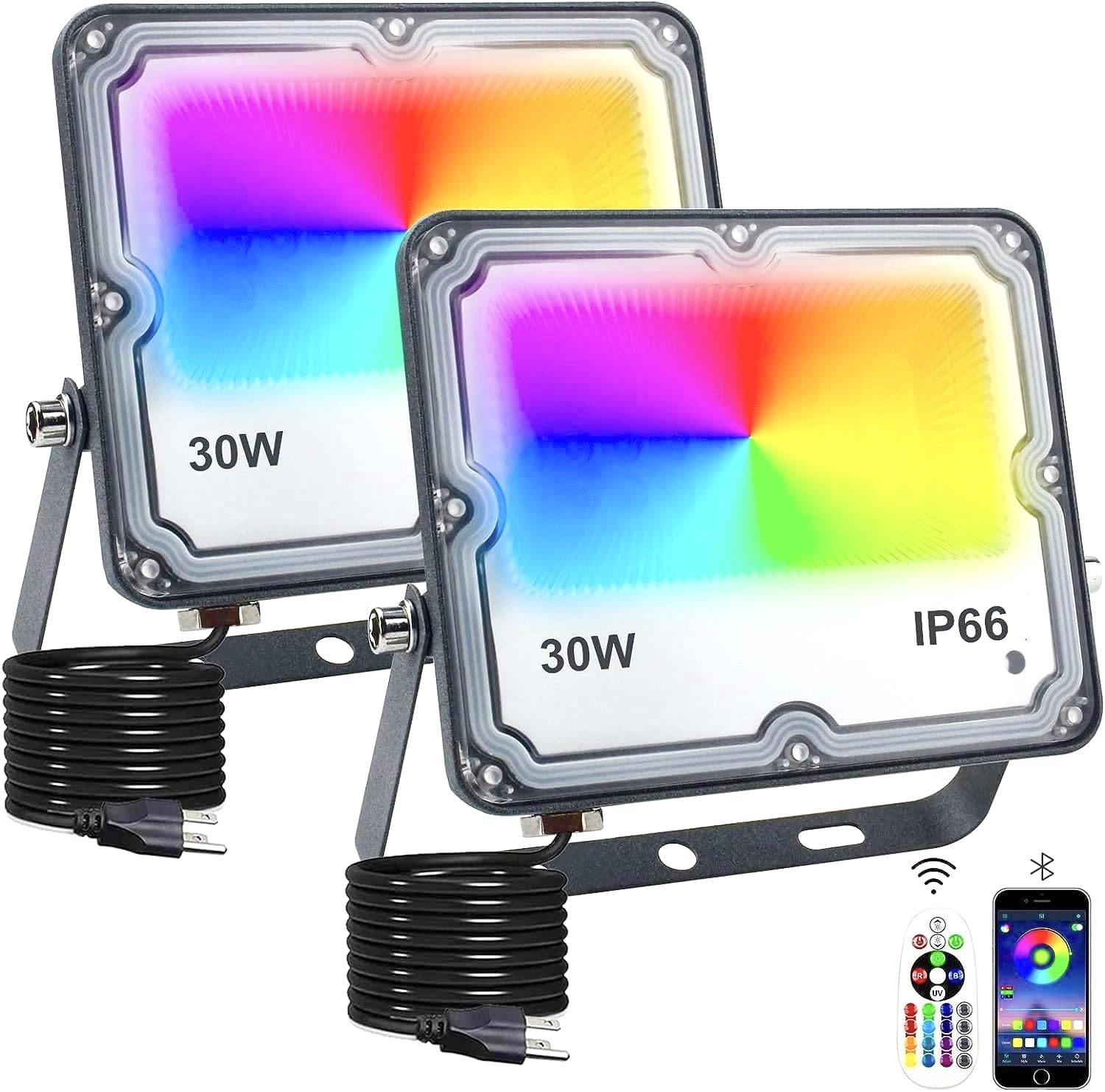 Indmird RGB Flood Lights, 300W Equivalent, App & Remote Control, IP66 Waterproof, 30W 2 Pack, Gray, Model CHX-FL-A-30W