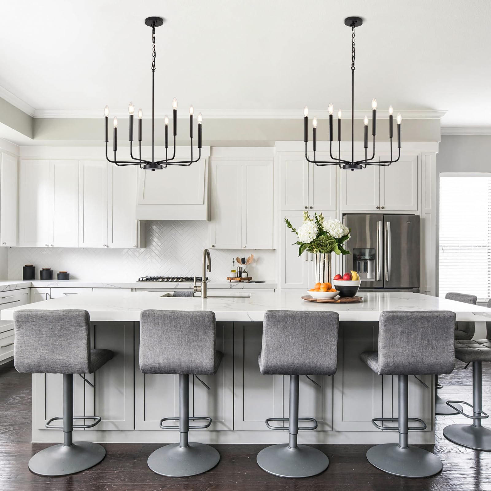 Onesming Modern Black Chandelier For Dining Room,Metal 8-Light Kitchen Light Fixtures, Farmhouse Candle Hanging Pendant Light For Living Room Entryway Foyer Bedroom (Bulbs Not Included)