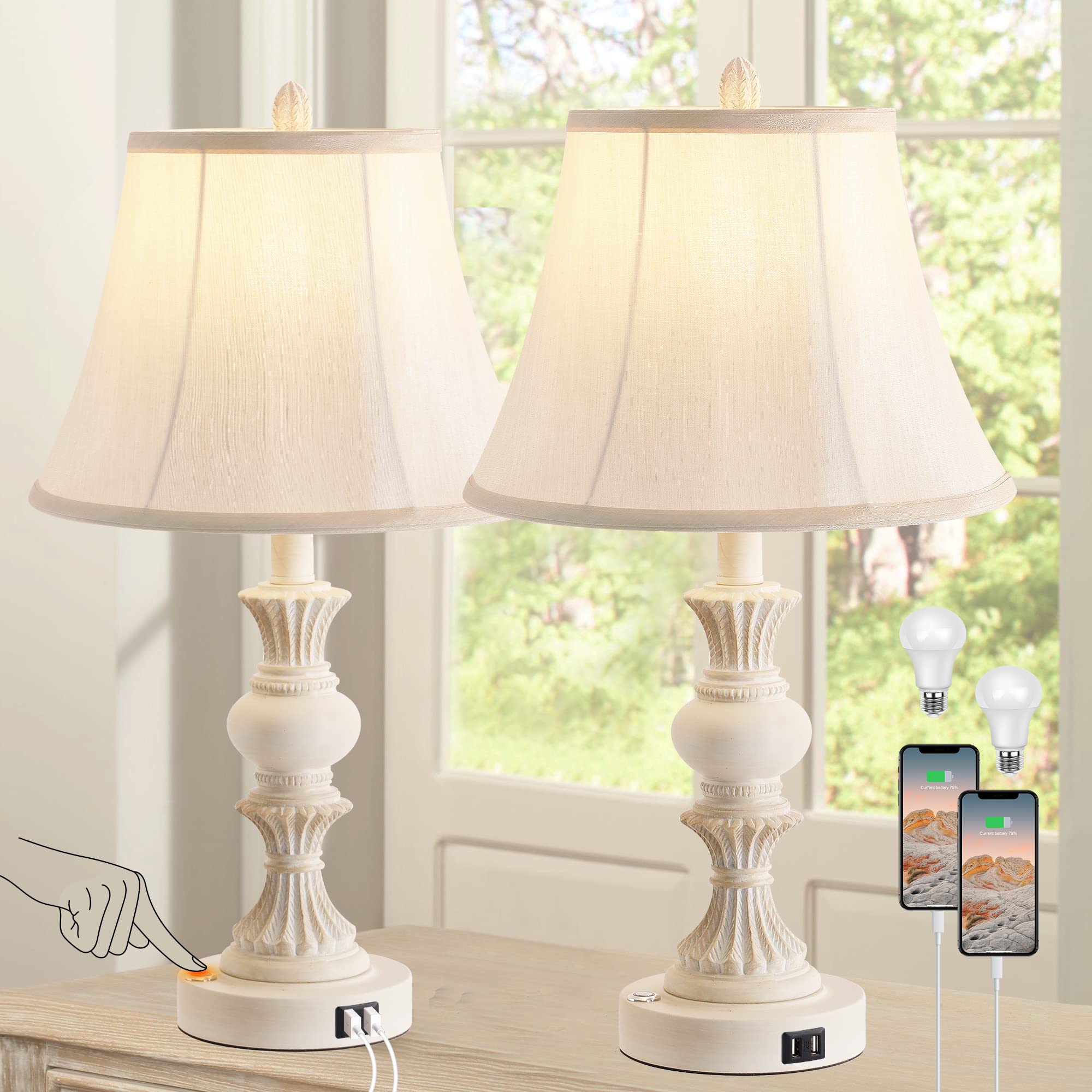 Touch Control Table Lamp Set Of 2, 3-Way Dimmable Bedside Lamp With 2 Usb Charging Ports, French Country Style Nightstand Lamps
