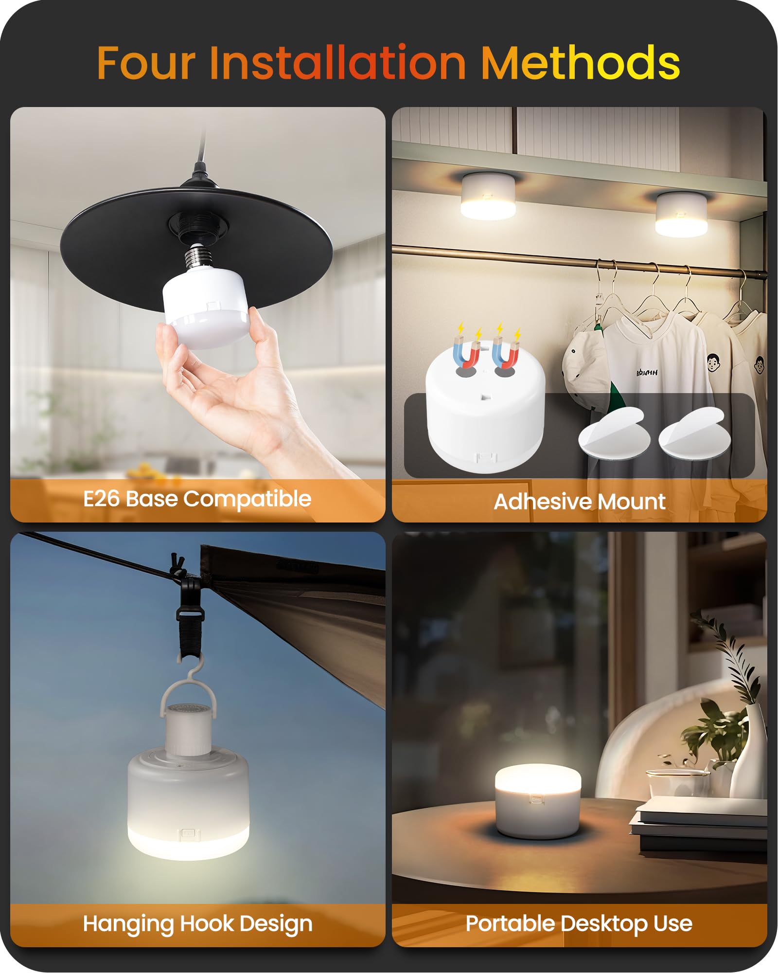 GOEBLESON Rechargeable LED Light Bulbs with Remote Control, 2 Pack 5400mAh Battery Operated Light Bulb E26, 3 Color Temperatures