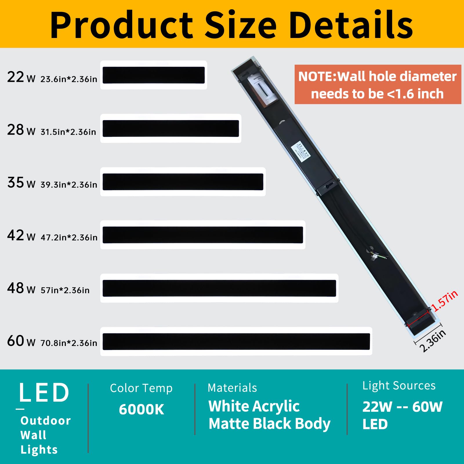 Mikeru 2Pack 23.6Inch Long Led Wall Light  6000K Cool White Modern Outdoor Wall Light Ip65 Waterproof Black Acrylic Porch Exterior Lighting Fixtures  Exterior Wall Mount Lights