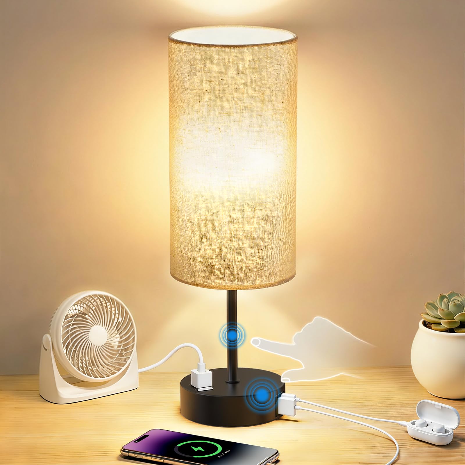 Fitfull Table Lamp for Nightstand  High-Sensitivity Touch  3-Level Dimmable Bedside Lamp with AC Outlet | USB | and USB-C  Ideal Night Stand Lamp for Bedroom  Reading  Living Room (Beige&Black)