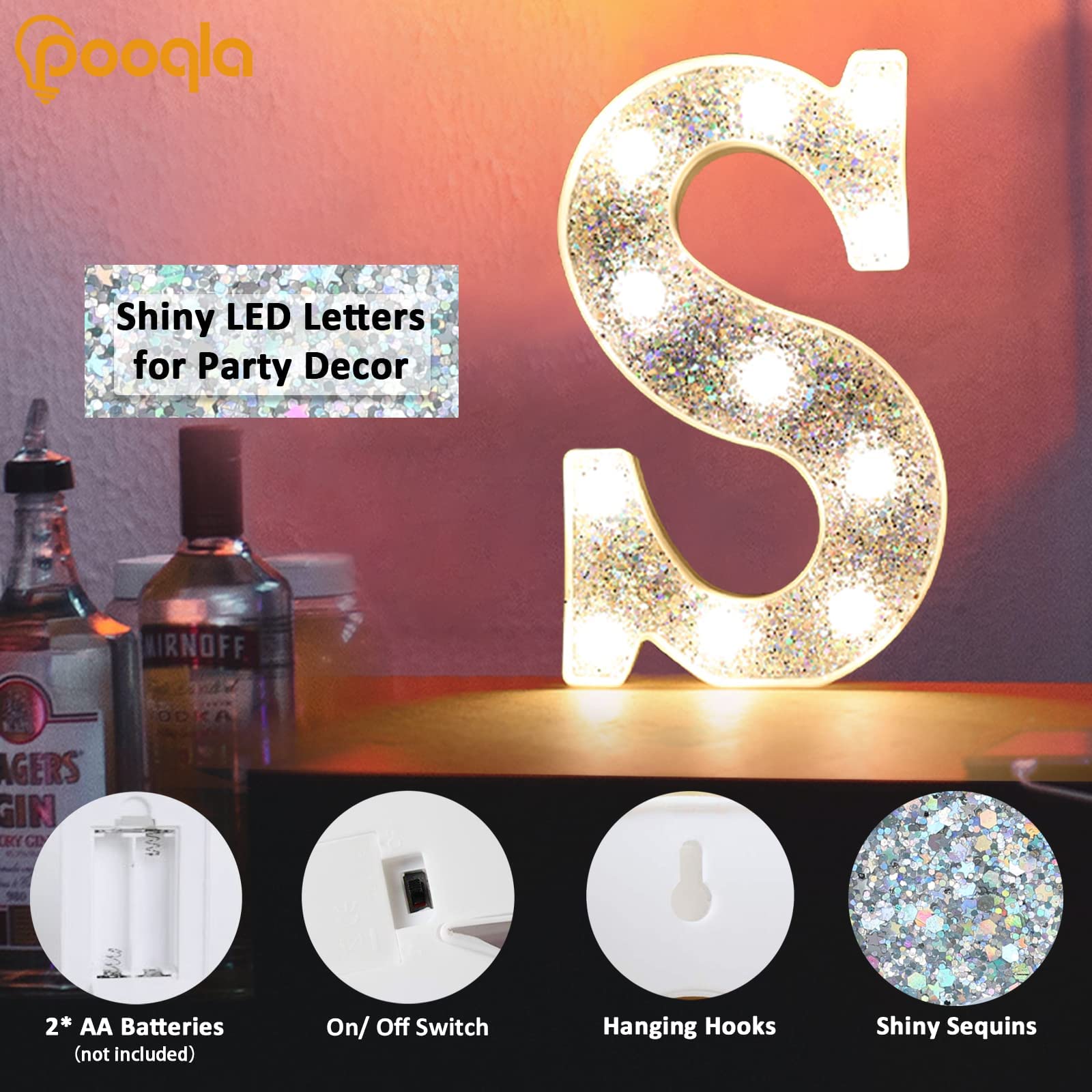 Pooqla LED Marquee Letter Lights, Battery Powered Silver Glitter E Sign, Plastic, Night Light for Parties and Home Decoration