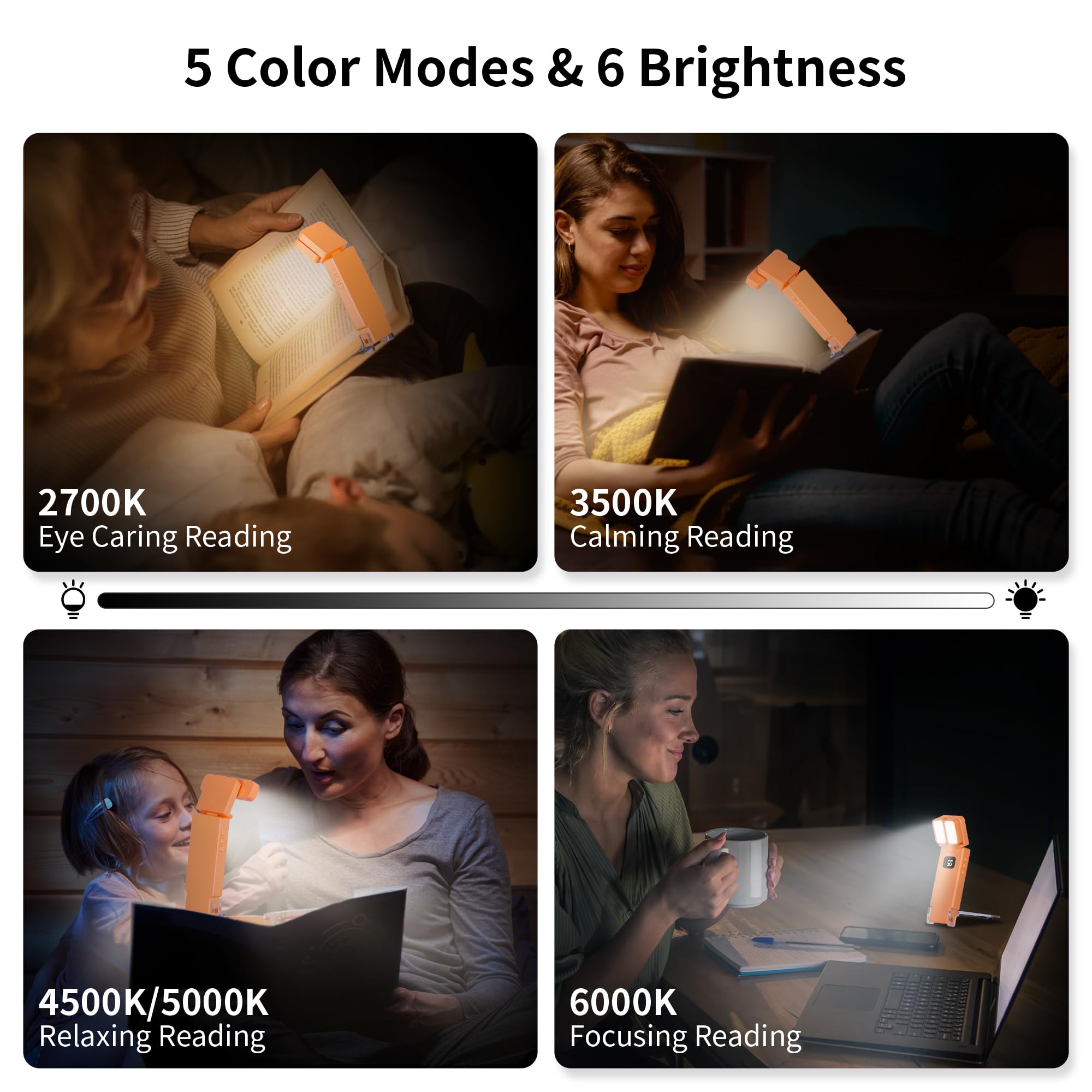 Dott Arts Dual-Head LED Bookmark Lamp - Rechargeable, 5 Colors, 6 Brightness Levels, Timer Function, Model WLM123-BLA-1W-02, Orange