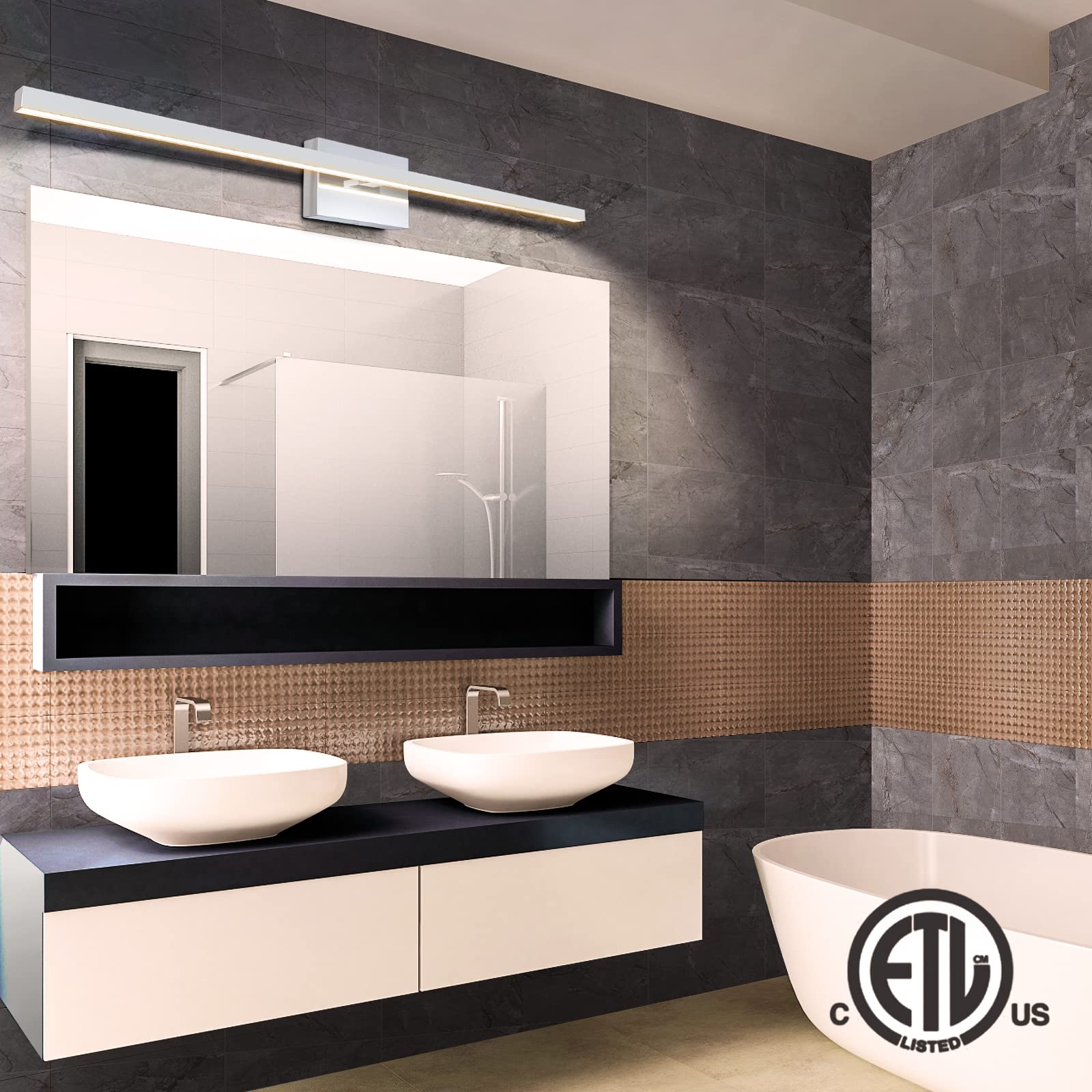 VOLISUN 39.4" Modern Bathroom Vanity Light, 24W Dimmable LED Fixture, Chrome, Model 21071ZM, ETL Certified, Acrylic & Metal