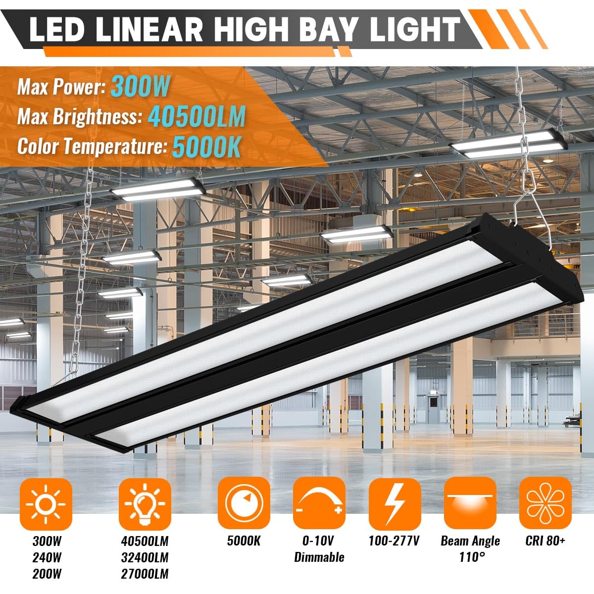 Allsmartlife LED Linear High Bay Shop Light 2-Pack, 5000K, 300W, 40500LM, Dimmable, Adjustable Tilt, Black, Model KLHBLFS