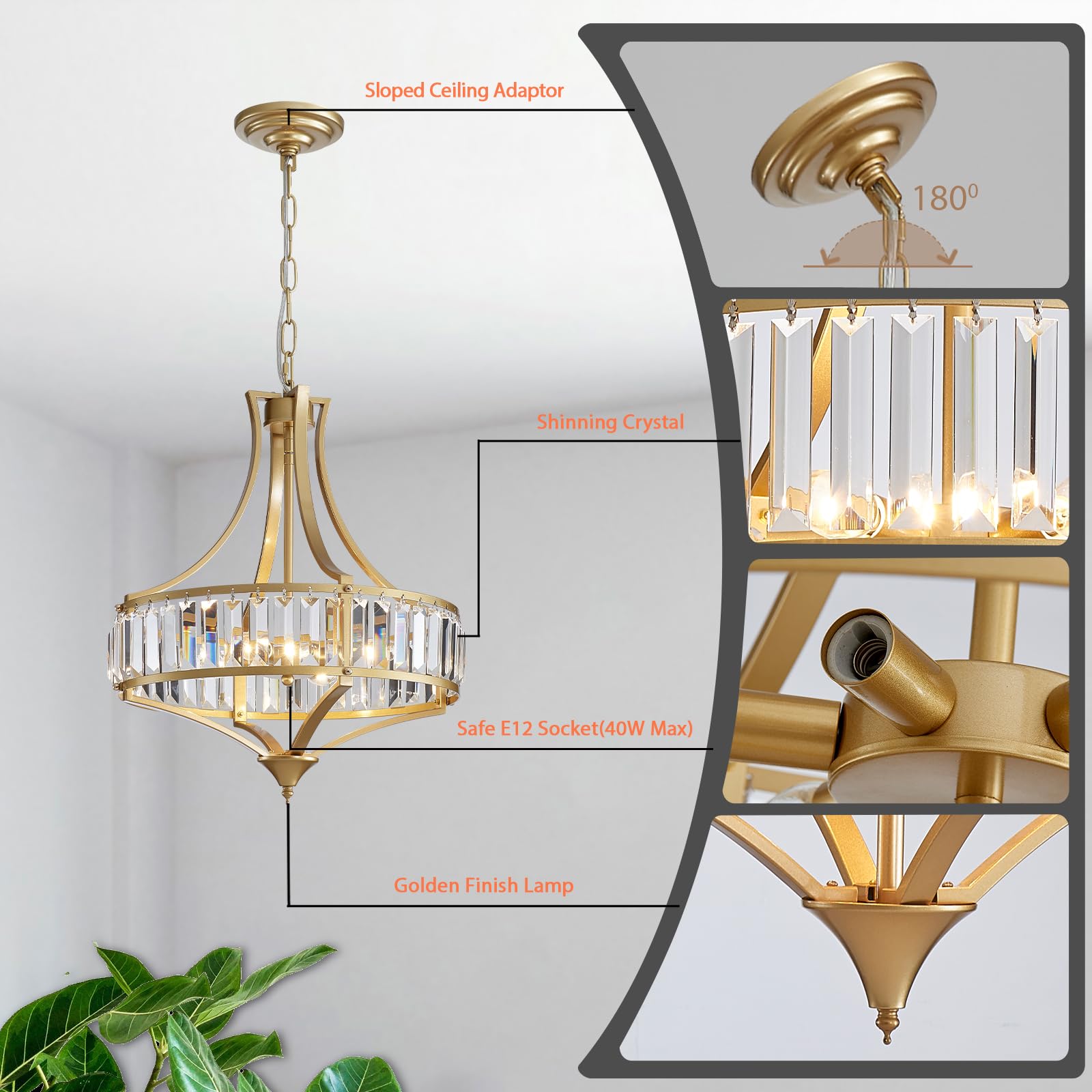 Majhoiw Modern Crystal Chandelier - 4-Light Gold Pendant for Dining Room, Rustic Design, Round Metal Lampshade, 15.7” Size