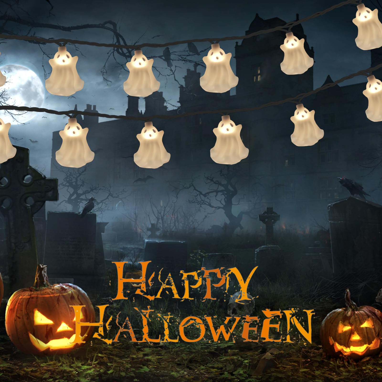Pallerina 8.5Ft Halloween Ghost String Lights - 10 Waterproof White Ghosts For Indoor/Outdoor Decor