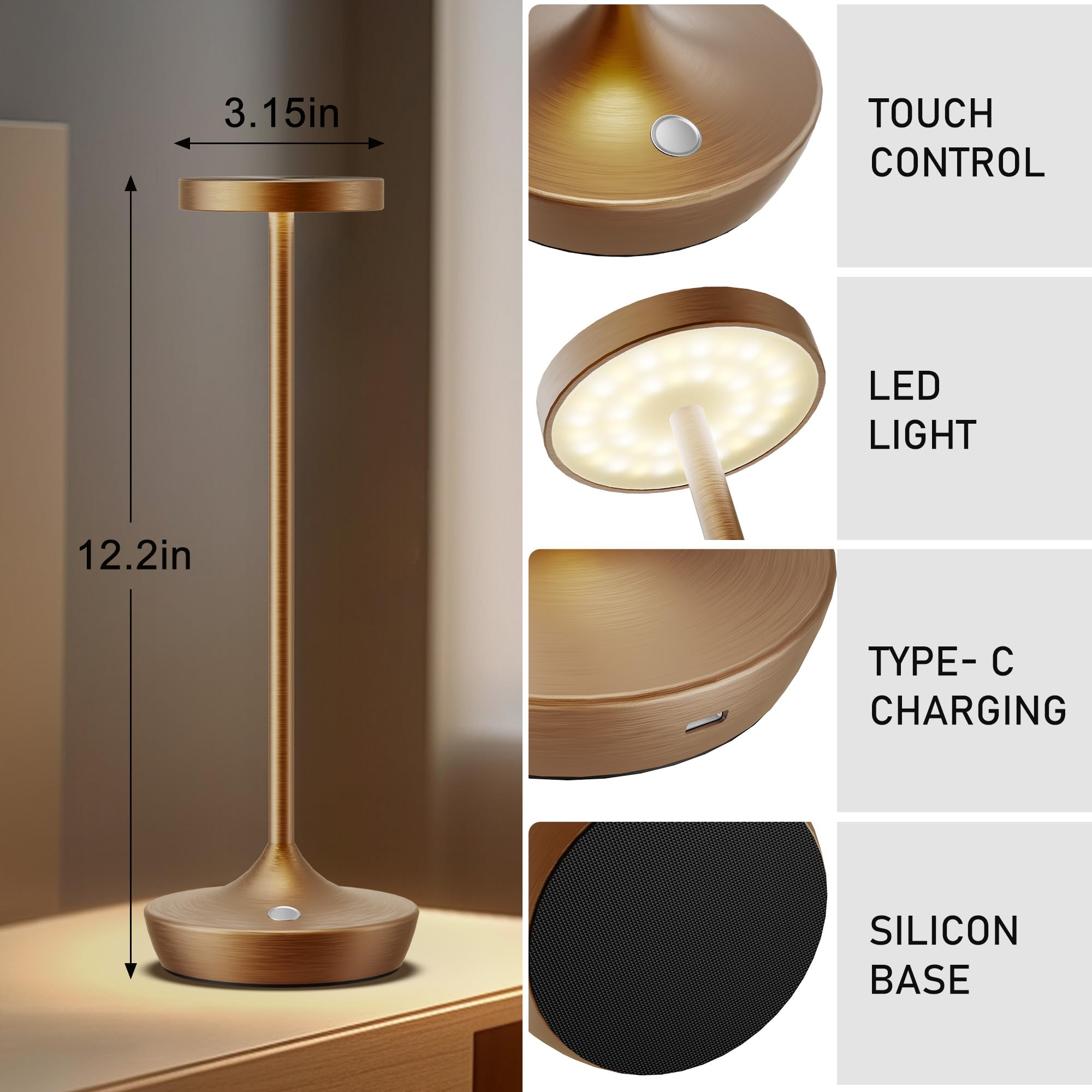 YHT Cordless Table Lamp, Rechargeable LED Desk Lamp, 6000mAh, Waterproof, 3-Color Touch Dimmable, Bronze 2P, Model X86