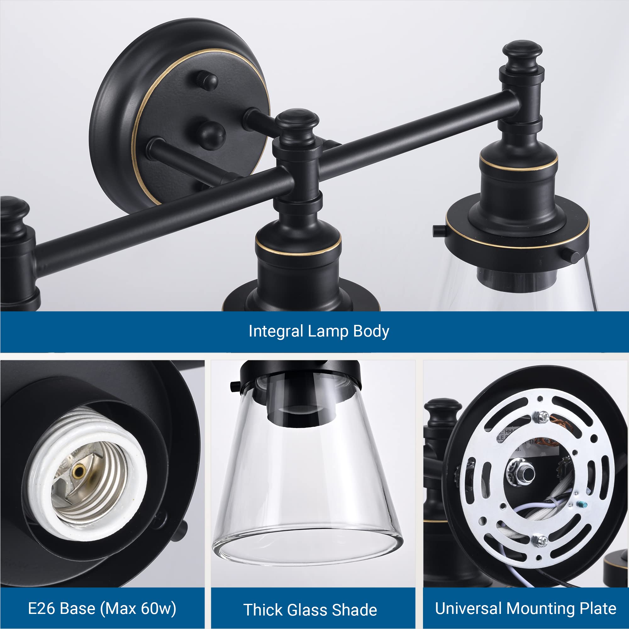 DEWENWILS Bathroom Vanity Light Fixtures, 5-Piece Set, 3-Light Sconce, Glass Shade, Black, Model HHVL01D
