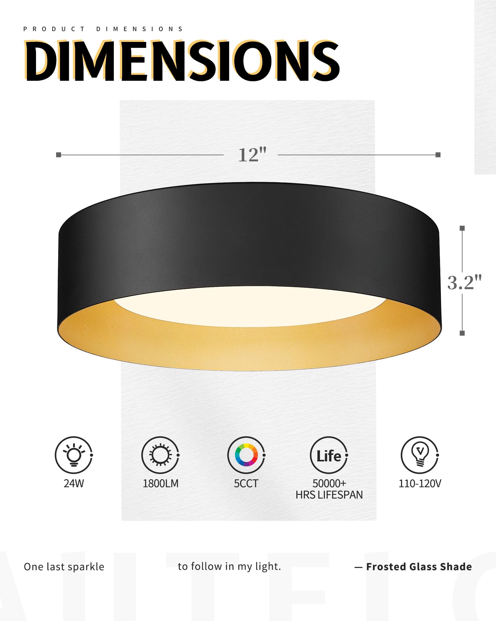 Autelo 16'' Ceiling Light, Led Ceiling Light Flush Mount, 5Cct Ceiling Light Fixture With Frosted Glass In Black Finish, Black L