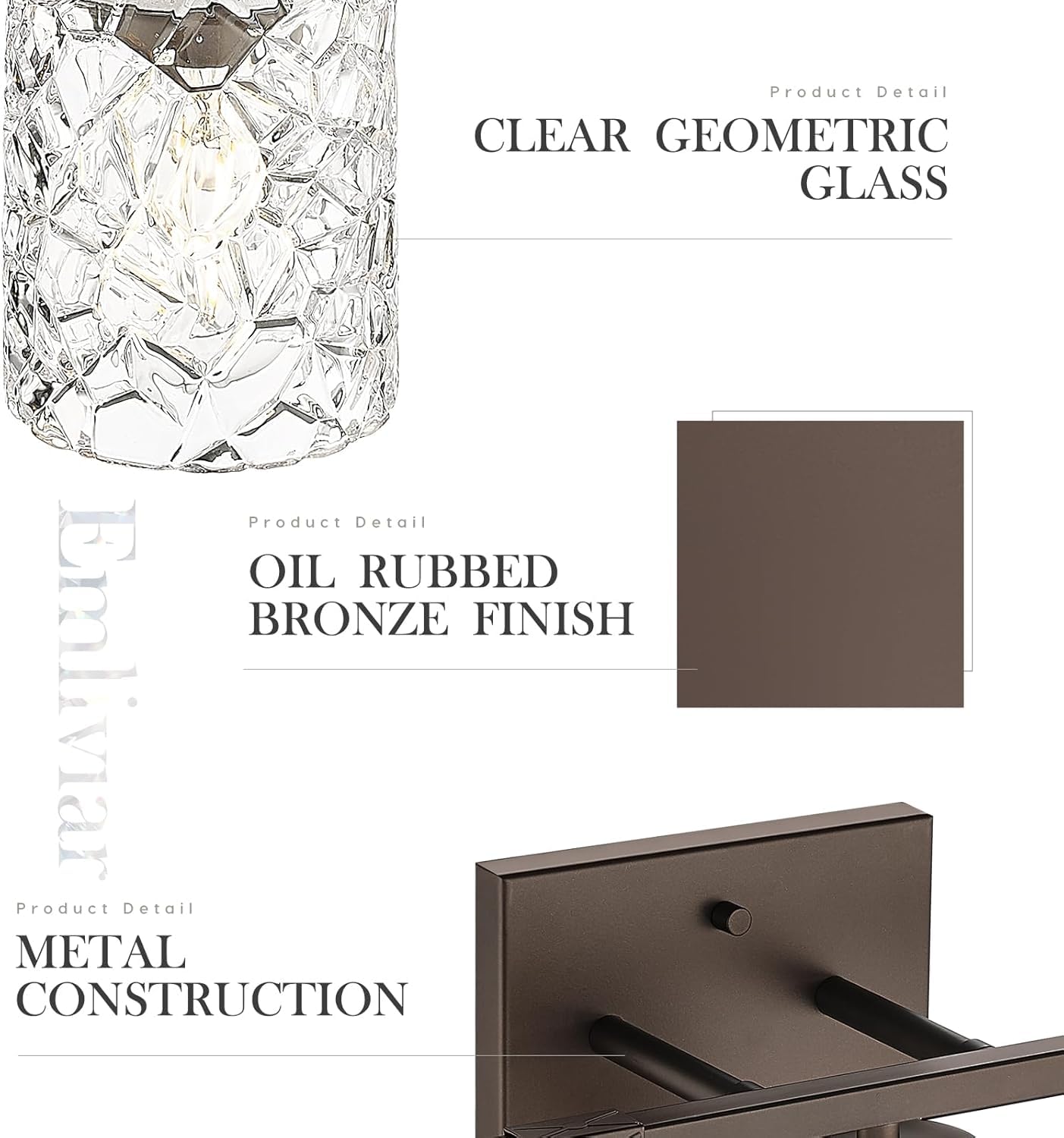 Emliviar 5-Light Vanity Light Fixture, 40 Inch Farmhouse Bathroom Vanity Light, Clear Geometric Glass, Oil Rubbed Bronze, He294B