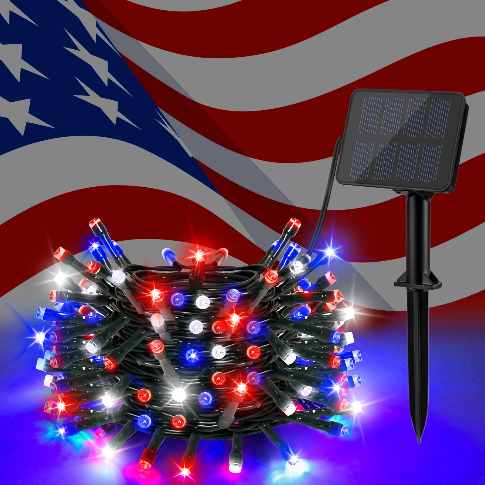 cshare Red White and Blue Solar Lights, 4th of July Lights Waterproof Outdoor 39.4ft 120LED 8 Modes Memory Function Independence