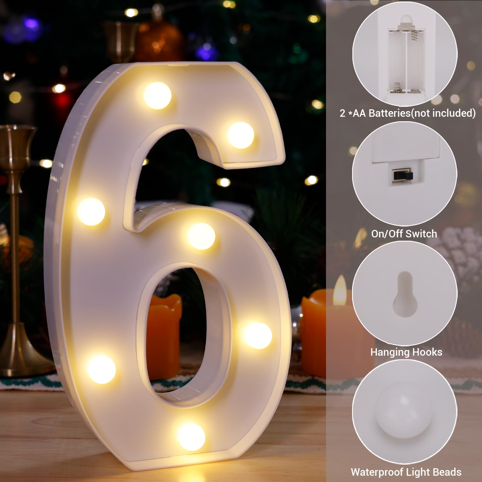 Led Marquee Sign Light Up Letters, Alphabet Light Up Letters Sign, Battery Powered Led Letter Lights For Night Light, Wedding, Birthday, Party, Christmas Or Home Decor (Number 6)