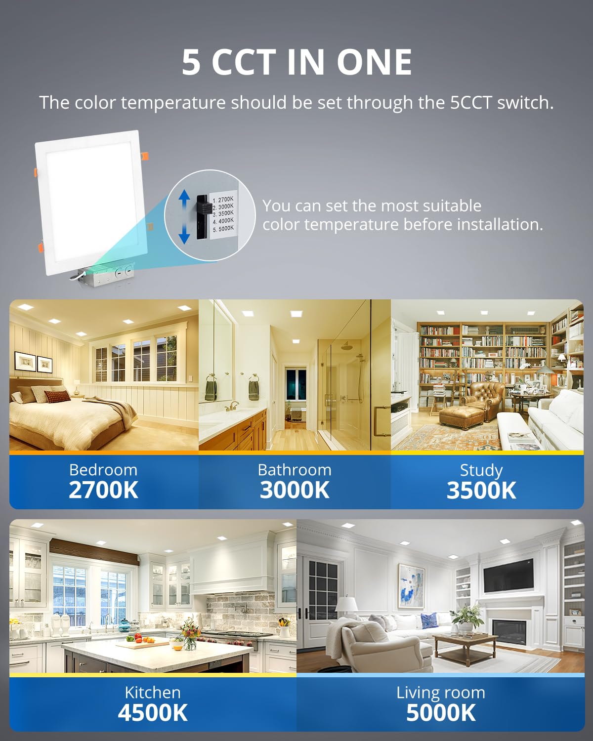 Vtuik 11" Dimmable Square LED Can Light Retro Fit, 1920lm, 5CCT 2700K-5000K, Aluminum, ETL Listed,