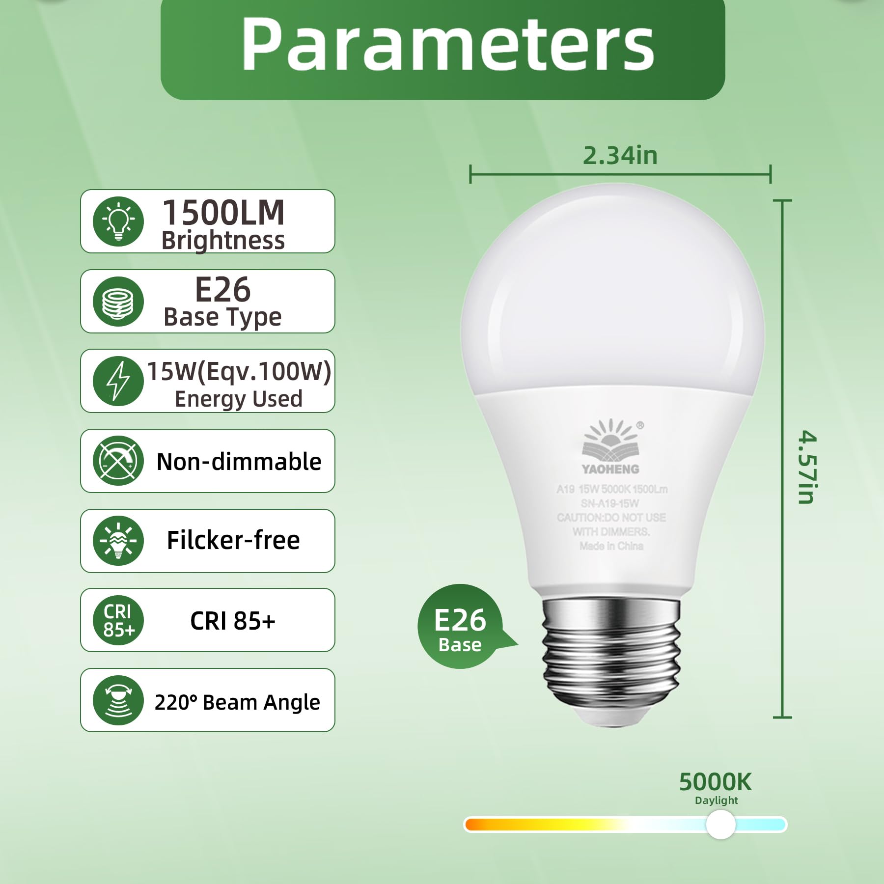 Yaoheng A19 Led Light Bulb, 100 Watt Equivalent Led Bulbs, 5000K Daylight White, 1500 Lumens, Standard E26 Base, Non-Dimmable 15