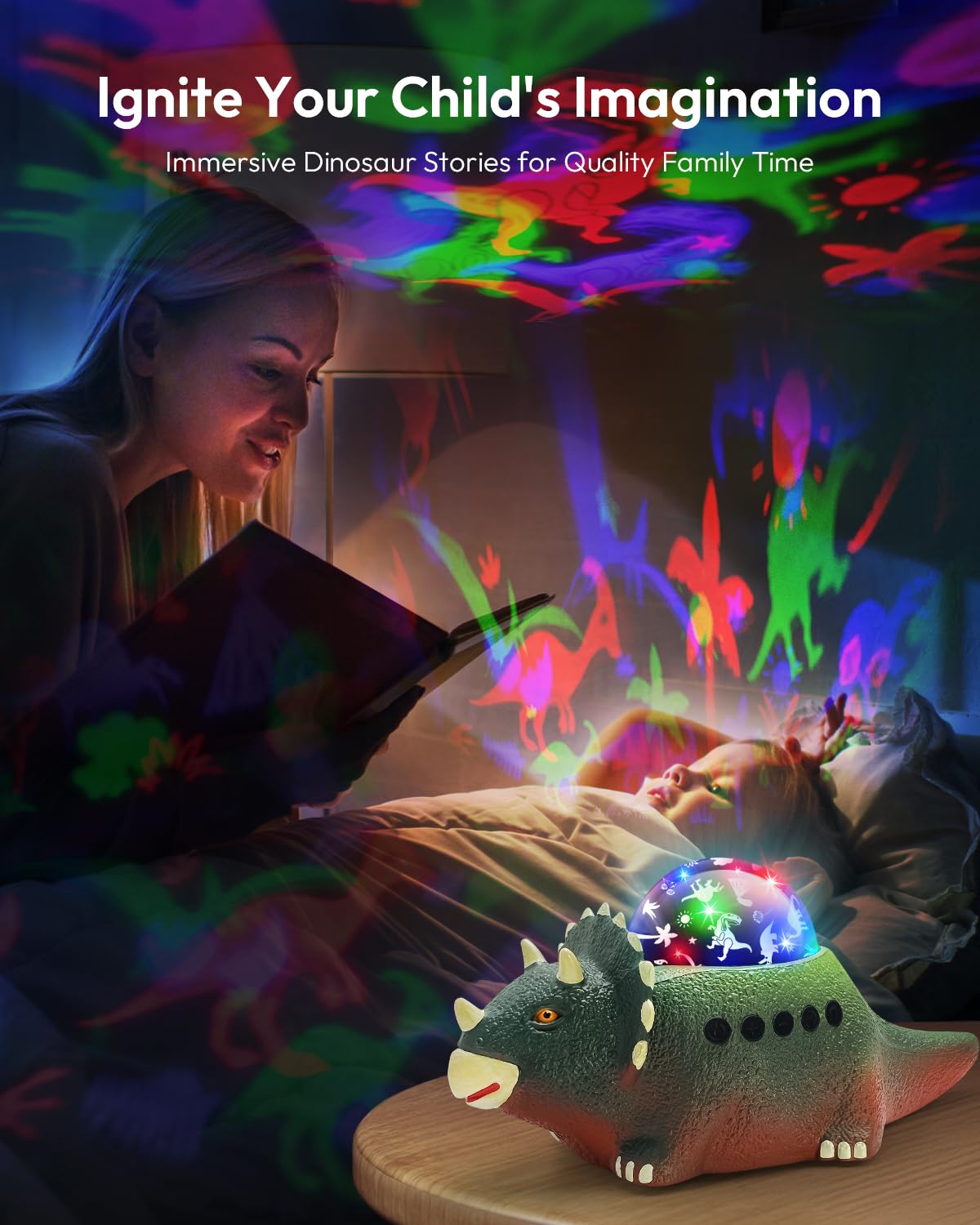Beslike Dinosaur Night Light Projector, 360° Rotation, 14 White Noises, Dark Green, ABS Plastic, Model B1, Gift for Boys 3-8 Years