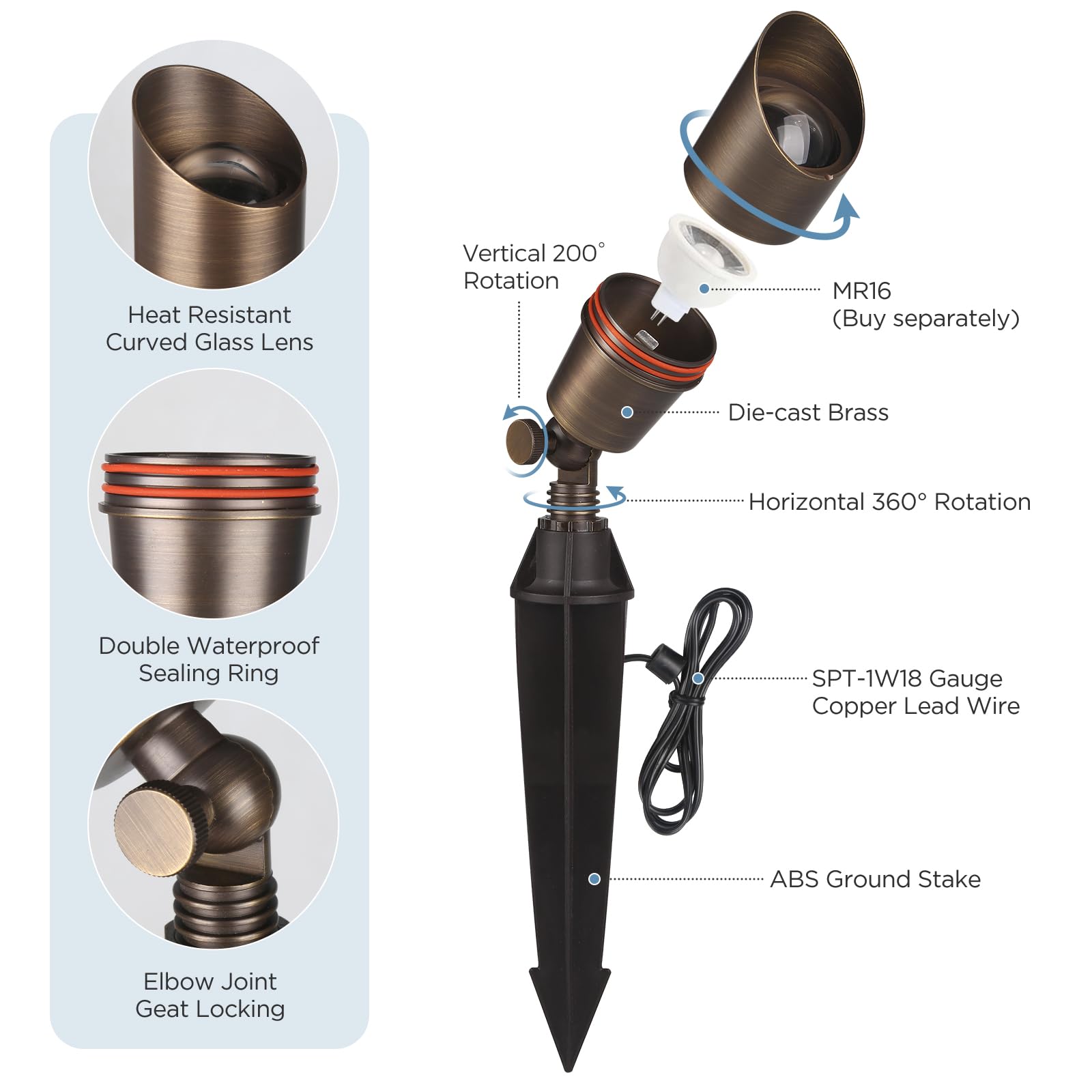 Gardencoin Solid Brass Outdoor Landscape Spotlights, 12V Heavy Duty Low Voltage Led Spot Light Waterproof For Garden And Yard Up