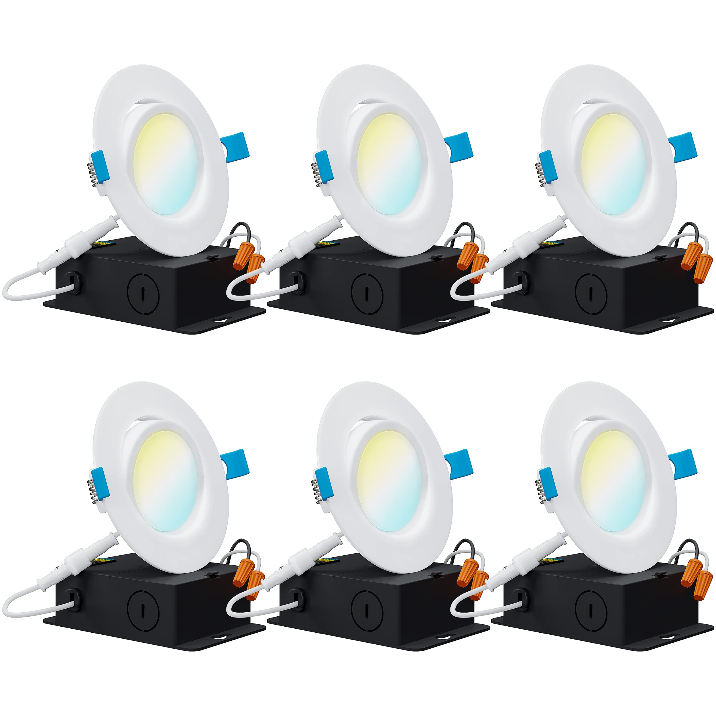 Sunco Lighting 6 Pack Recessed LED Lights Canless 4 Inch Eyeball Gimbal 12W, Selectable 2700K/3000K/3500K/4000K/5000K, Angled Di