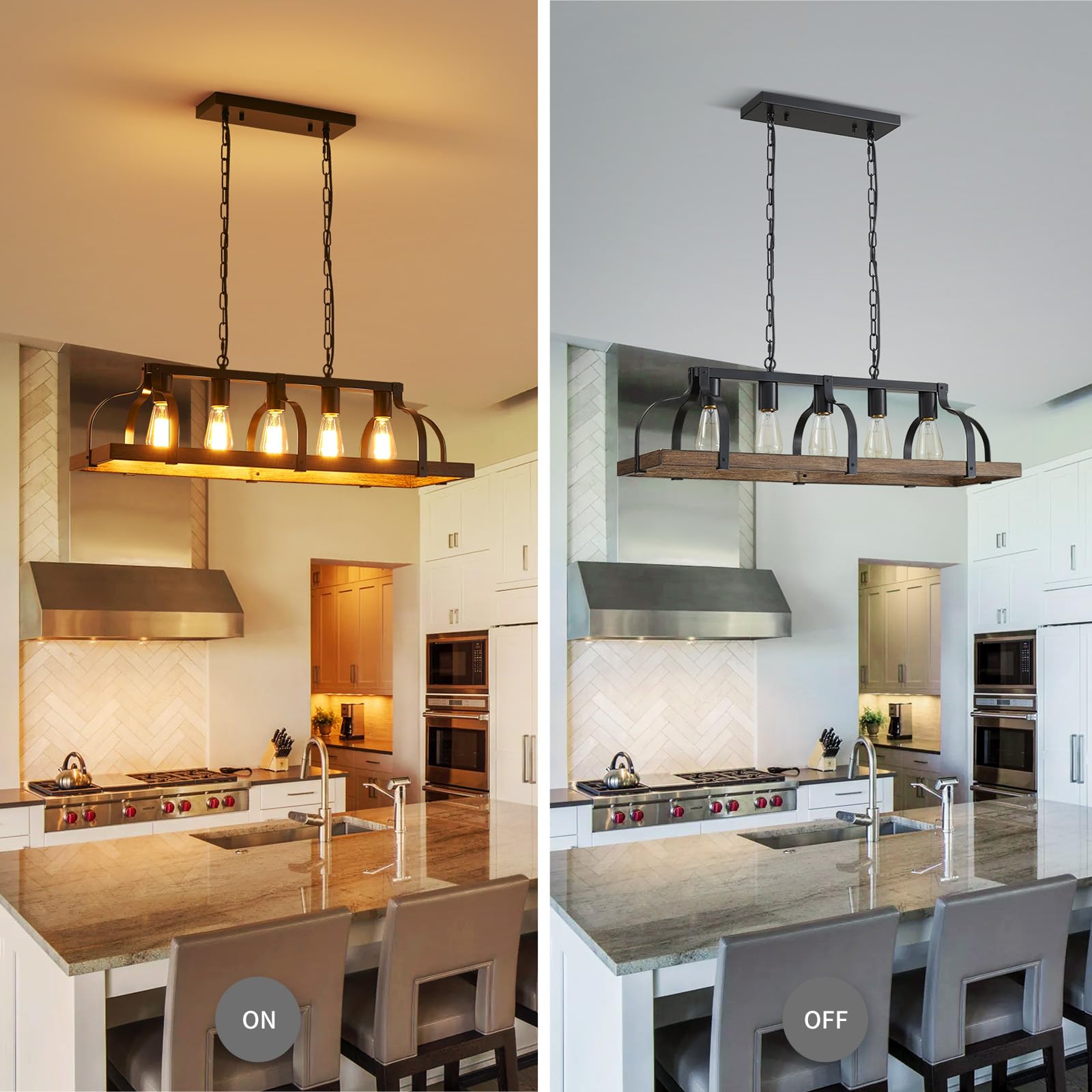 Wuzups 5-Light Rustic Metal Chandelier, Imitation Wood Grain, Black Pendant Lighting For Kitchen & Dining