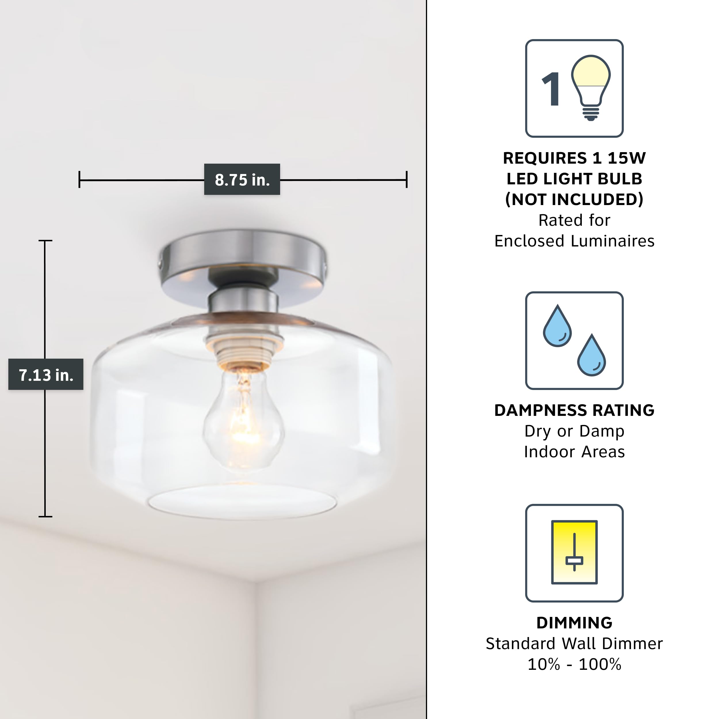 DESIGNERS FOUNTAIN Semi Flush Mount Ceiling Light, 8.75 Inch, Brushed Nickel, Alloy Steel, Model D335M-SF-BN