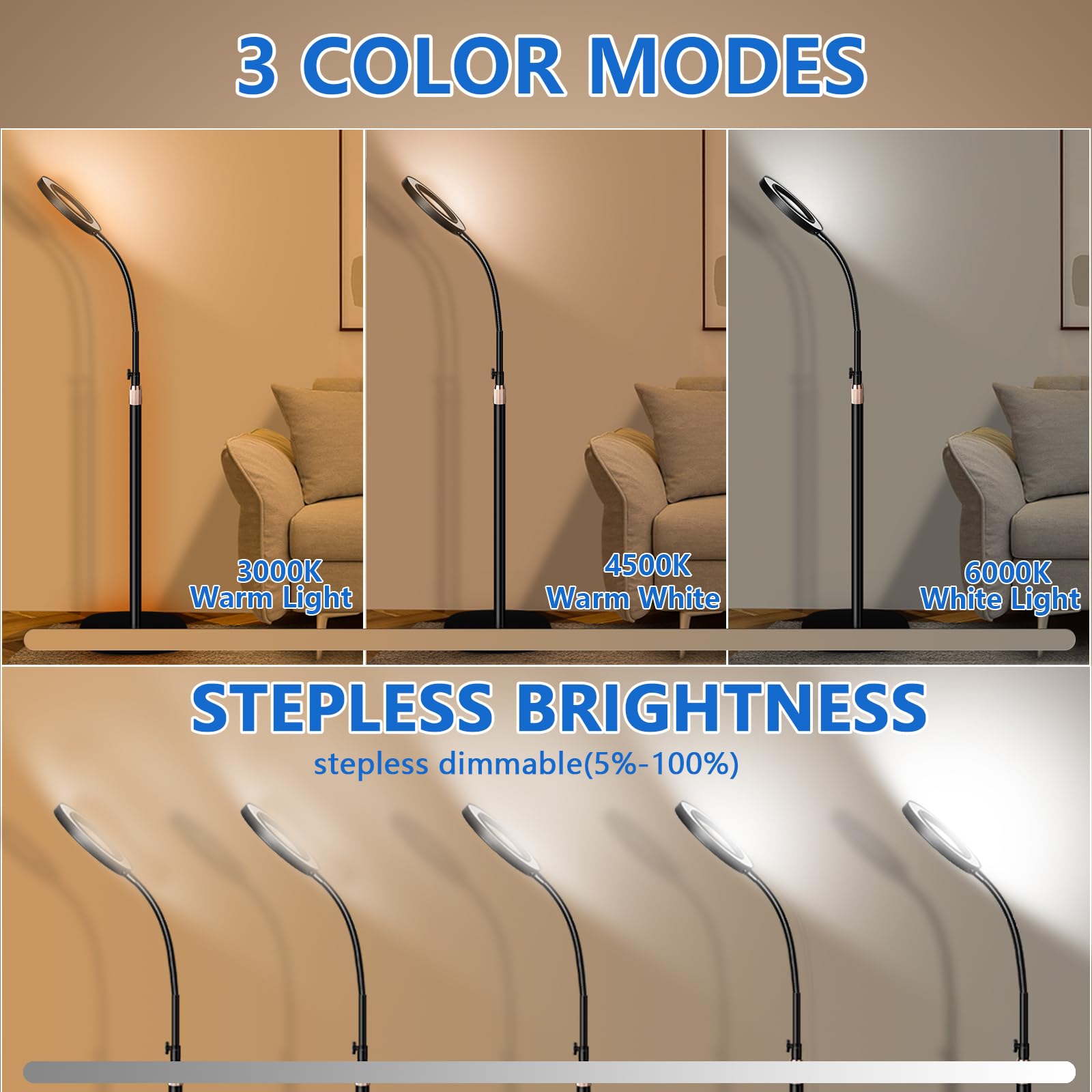 Hitti 10X Floor Magnifying Glass With Light, Flexible Gooseneck Magnifying Floor Lamp, 3 Color Modes Stepless Dimmable Led Light