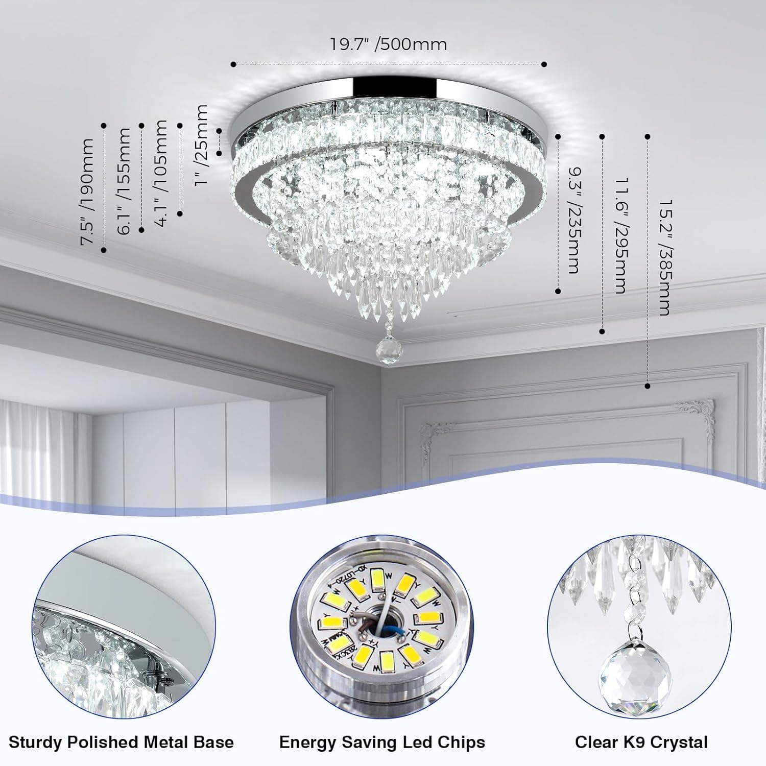 RHEAFON Crystal Chandelier, 19.7 Inch LED Flush Mount, 5 Tier Modern Design, Round, Plished Chrome, Model U-MC010-Bai