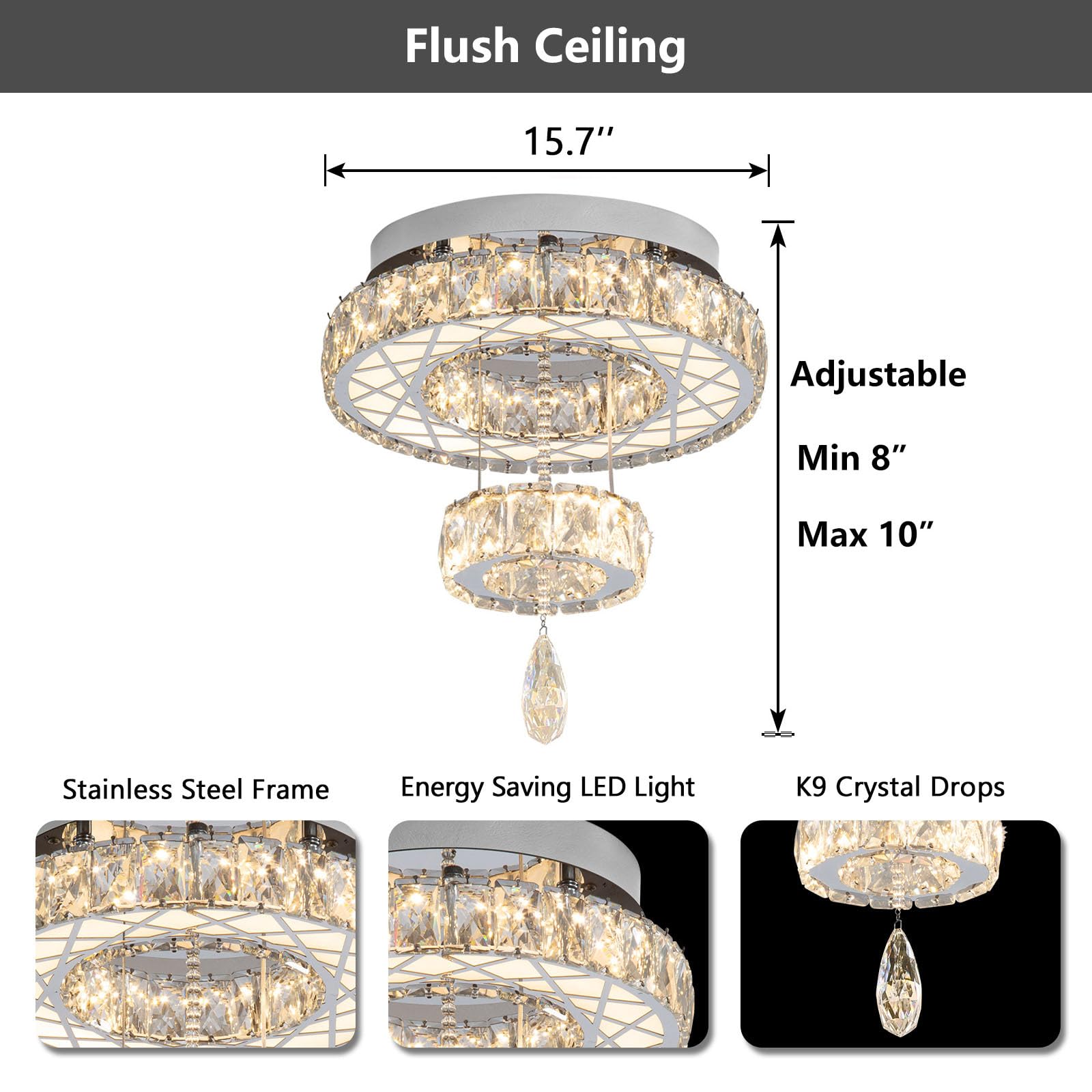 HAIXIANG 16" Glam Chandelier LED Light Fixture - Modern Silver Ceiling Lighting for Bedroom, Hallway, Kitchen, Dining Room, Model MMQ3831