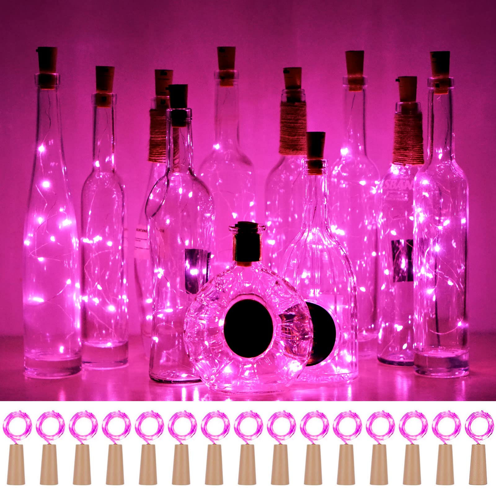 SmilingTown Wine Bottle Cork Lights, 15 Pack, 10 LED, 40 Inches, Battery Operated, Copper Wire, Pink