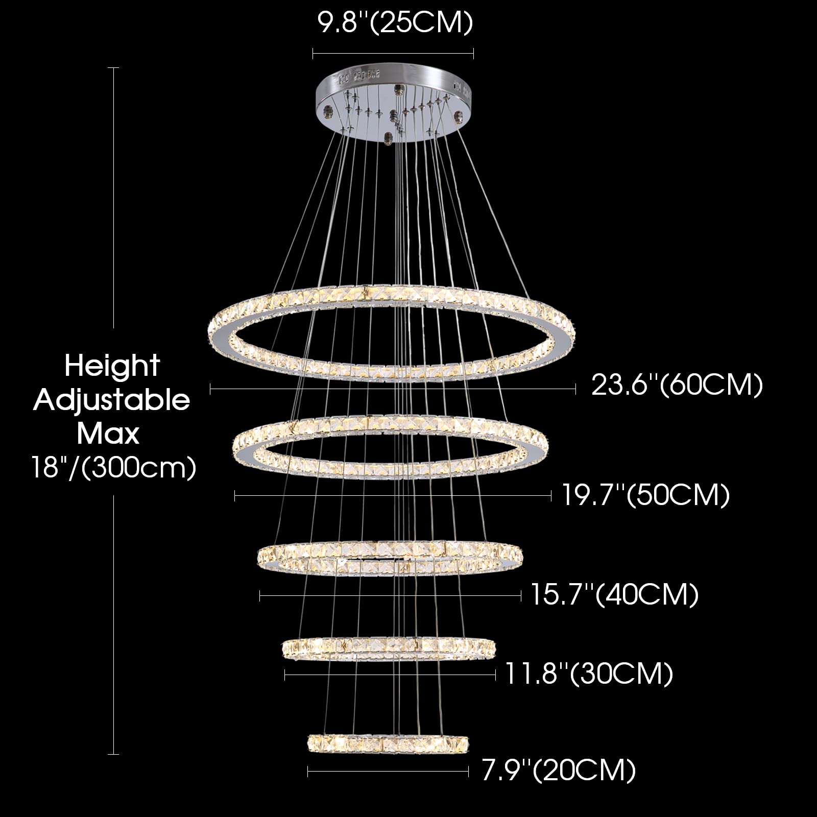 Siljoy Modern Crystal Chandelier Pendant Light Fixture, 5 Rings, Adjustable, Gold, D8in-12in-16in-20in-24in, for High Ceilings, Dining Room, Foyer