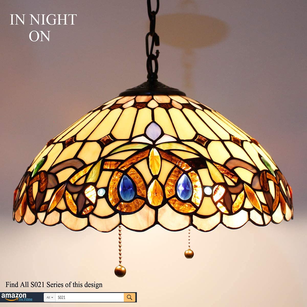 WERFACTORY Tiffany Pendant Light - Stained Glass Hanging Lamp, 16in Wide, 40in Height, Serenity Victorian S021 Series, Large, Glass