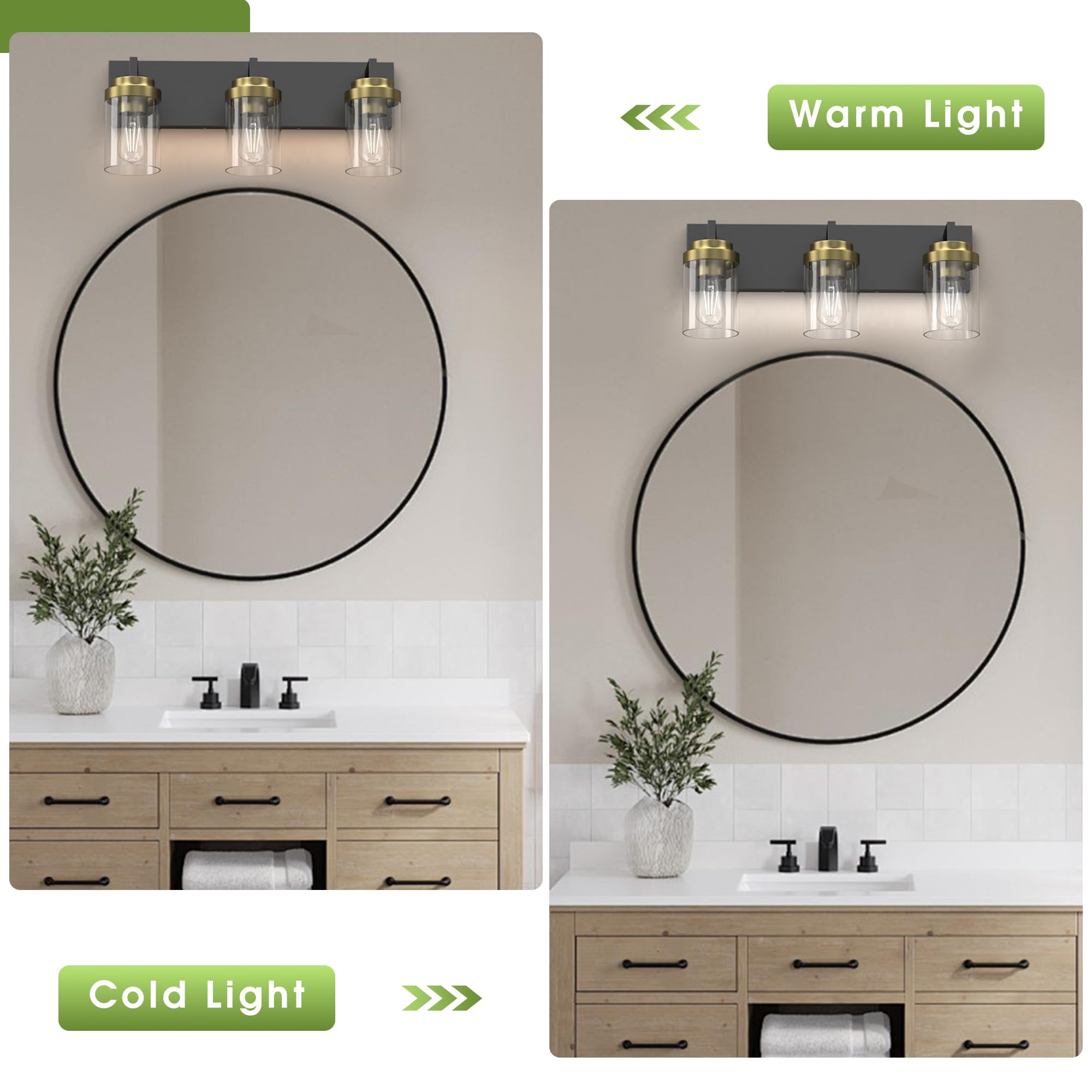 Espird 3-Light Bathroom Vanity Lights, Modern Black Gold Metal Fixtures with Glass Shade, Model L08-3-HJ